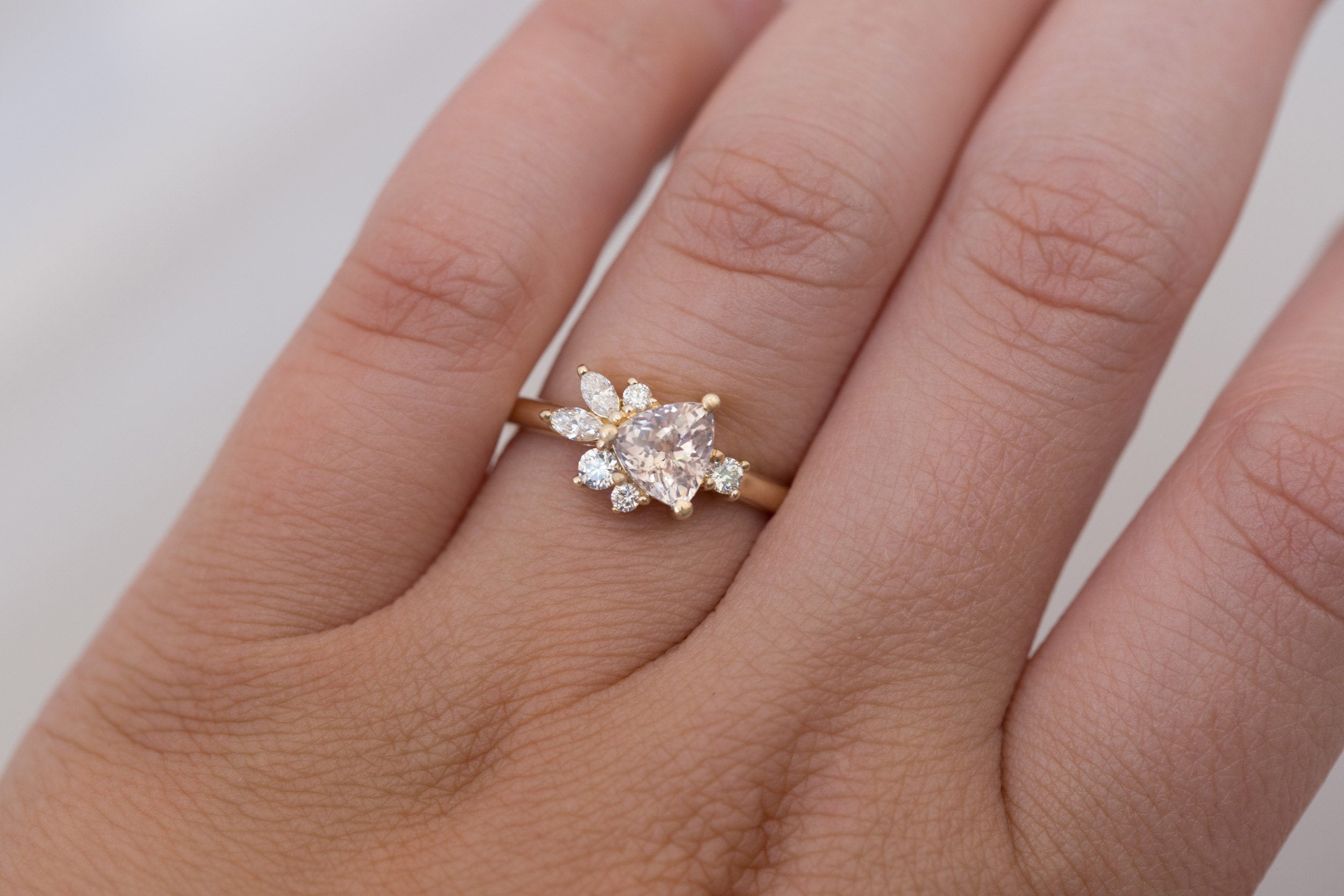Alden Ring | Blush Sapphire Trillion + Diamond Cluster Engagement Ring 1.13 ct | 14k Recycled Gold | One of a Kind