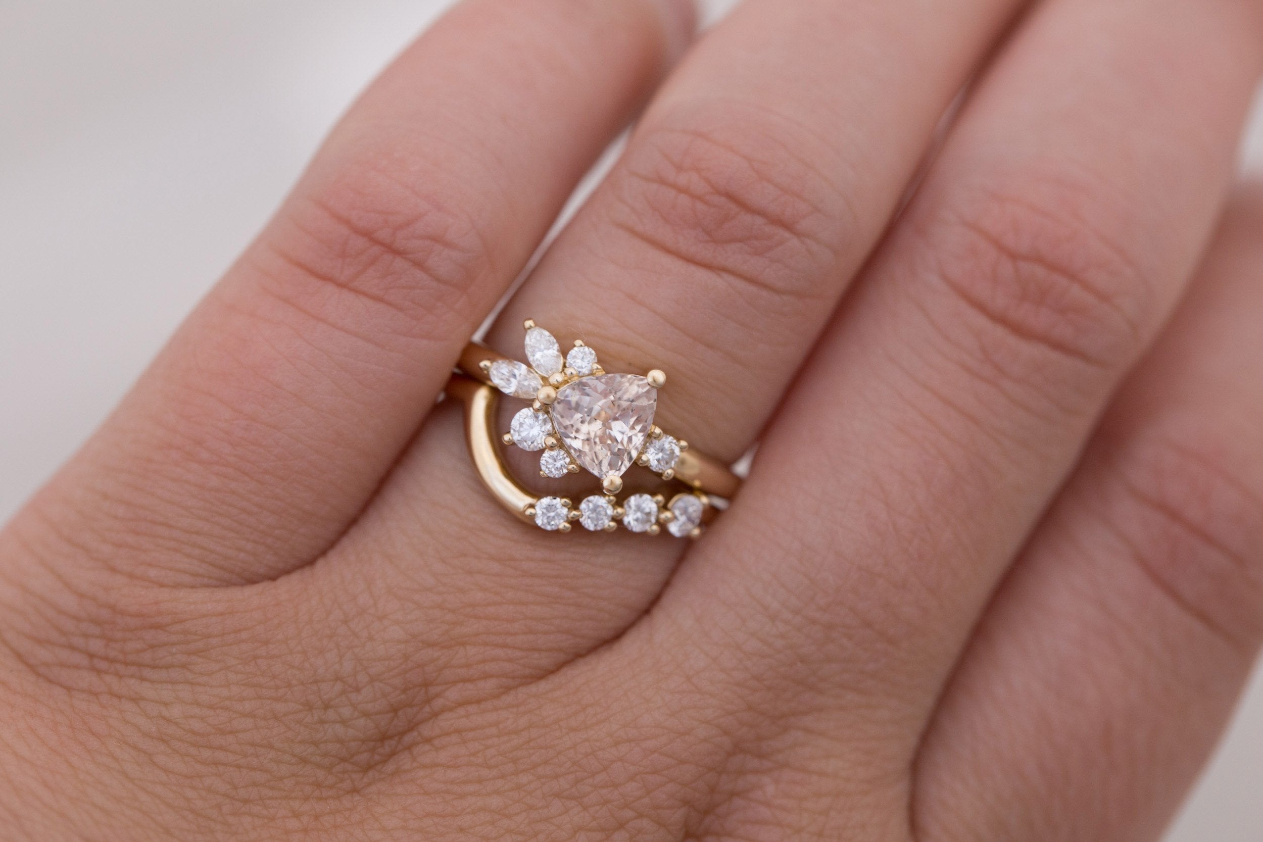 Alden Ring | Blush Sapphire Trillion + Diamond Cluster Engagement Ring 1.13 ct | 14k Recycled Gold | One of a Kind