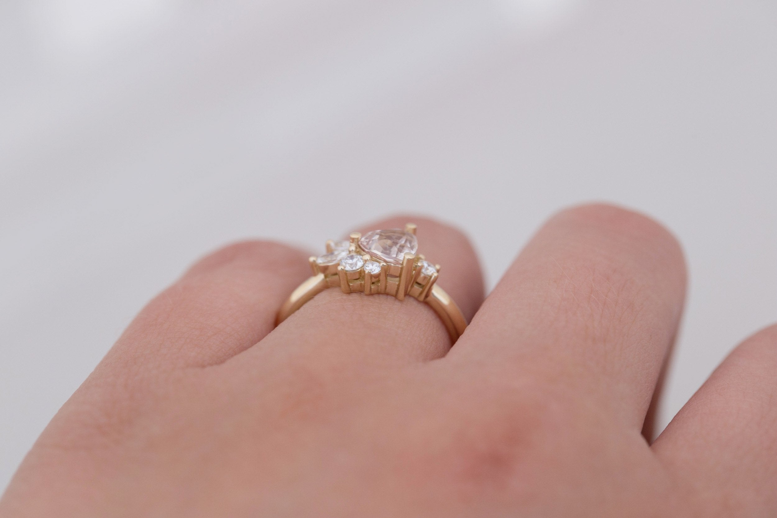 Alden Ring | Blush Sapphire Trillion + Diamond Cluster Engagement Ring 1.13 ct | 14k Recycled Gold | One of a Kind
