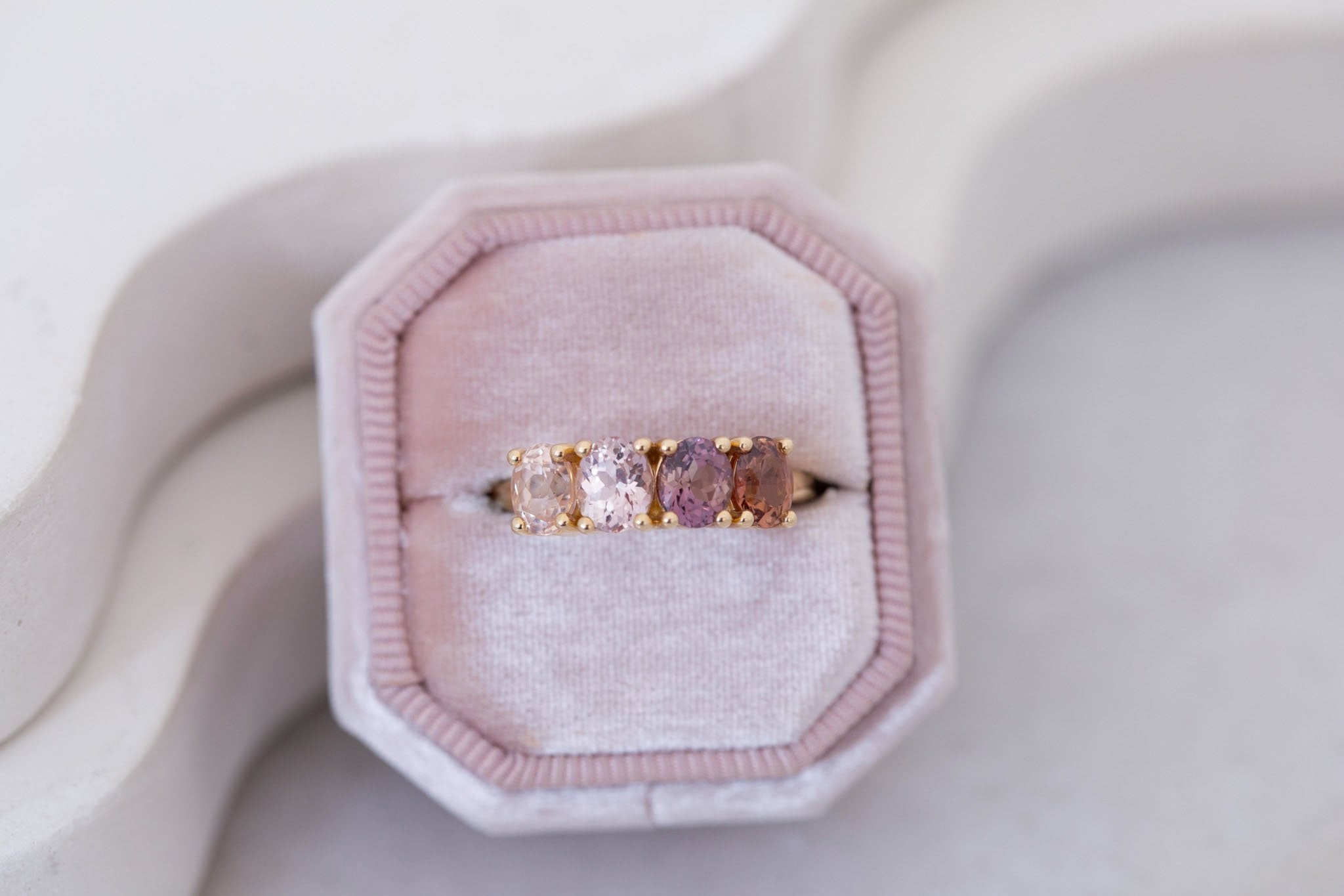 Brown + Blush Sapphire Line Ring | Blue Sapphires Engagement Ring | 14k Recycled Gold | One of a Kind