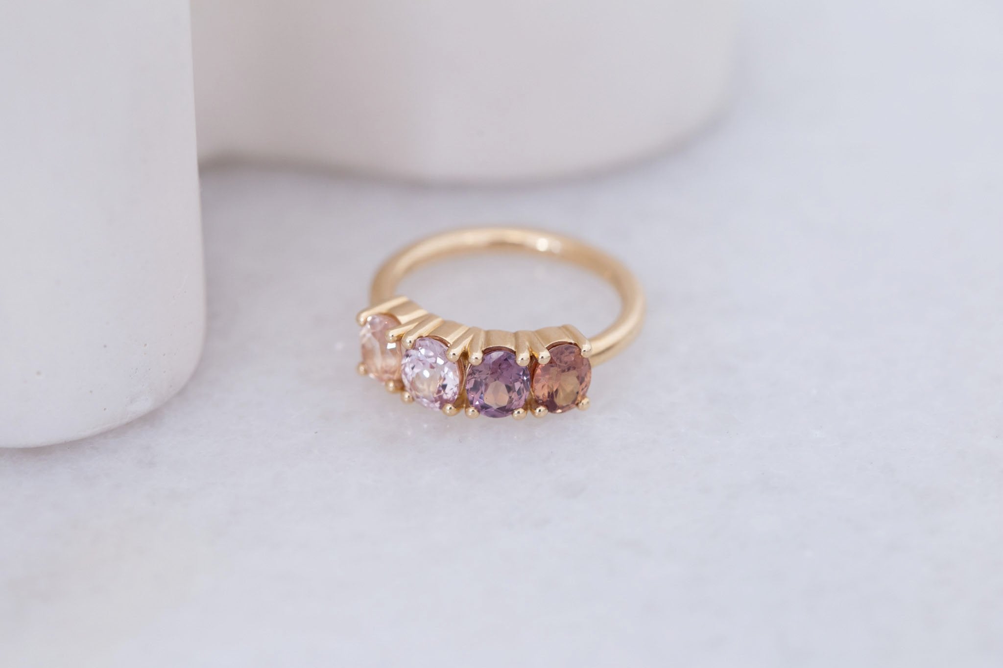 Brown + Blush Sapphire Line Ring | Blue Sapphires Engagement Ring | 14k Recycled Gold | One of a Kind