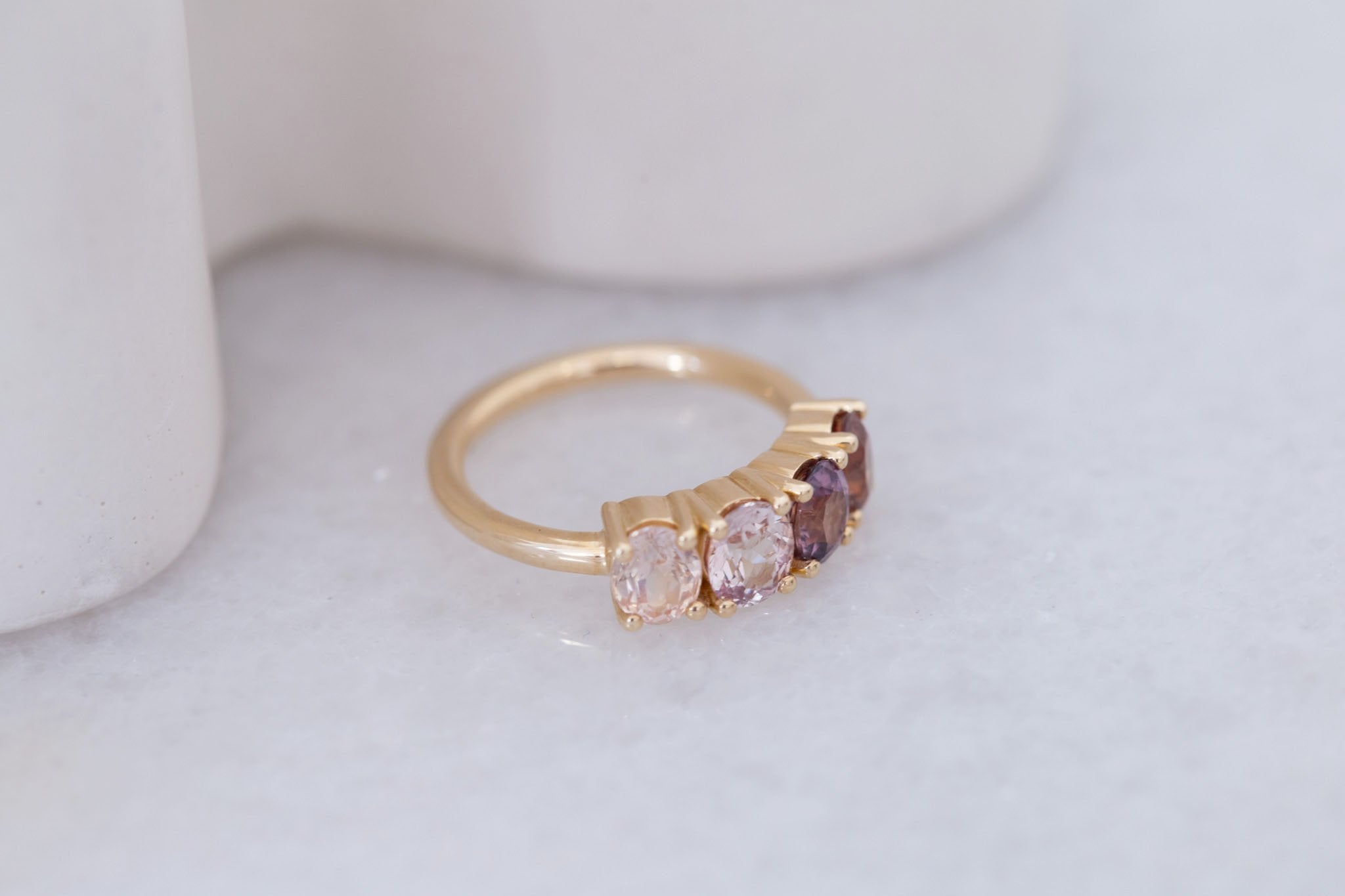 Brown + Blush Sapphire Line Ring | Blue Sapphires Engagement Ring | 14k Recycled Gold | One of a Kind