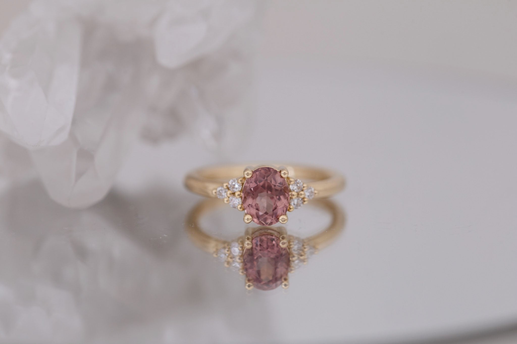Verona Ring | Terracotta Oval Sapphire + Round Diamond Accents Engagement Ring 1.42 ct | 14k Recycled Gold | One of a Kind