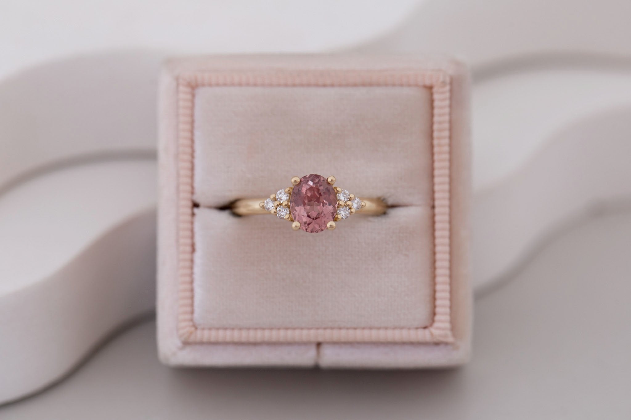 Verona Ring | Terracotta Oval Sapphire + Round Diamond Accents Engagement Ring 1.42 ct | 14k Recycled Gold | One of a Kind