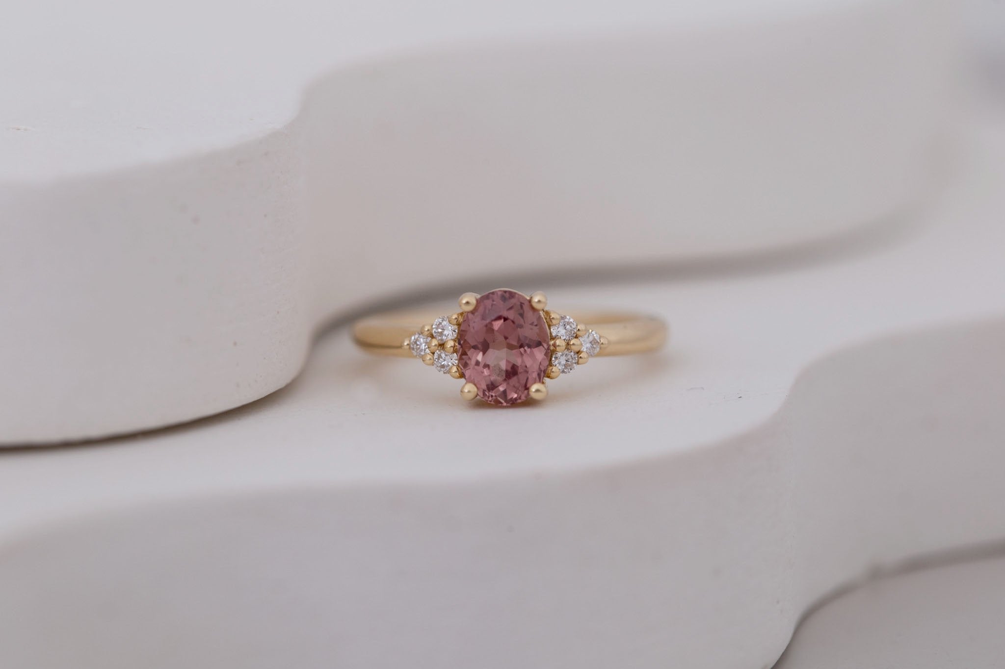 Verona Ring | Terracotta Oval Sapphire + Round Diamond Accents Engagement Ring 1.42 ct | 14k Recycled Gold | One of a Kind