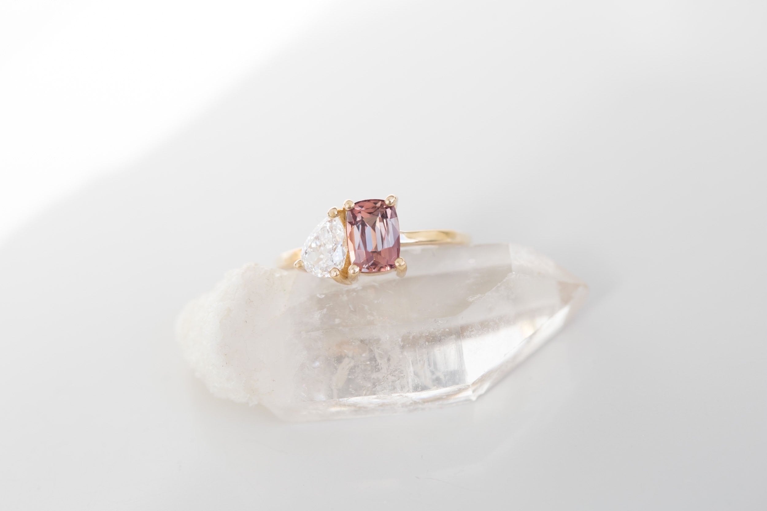 Liana Ring | Burnt Sienna Cushion Sapphire + Pear Diamond Engagement Ring | 14k Recycled Gold | One of a Kind