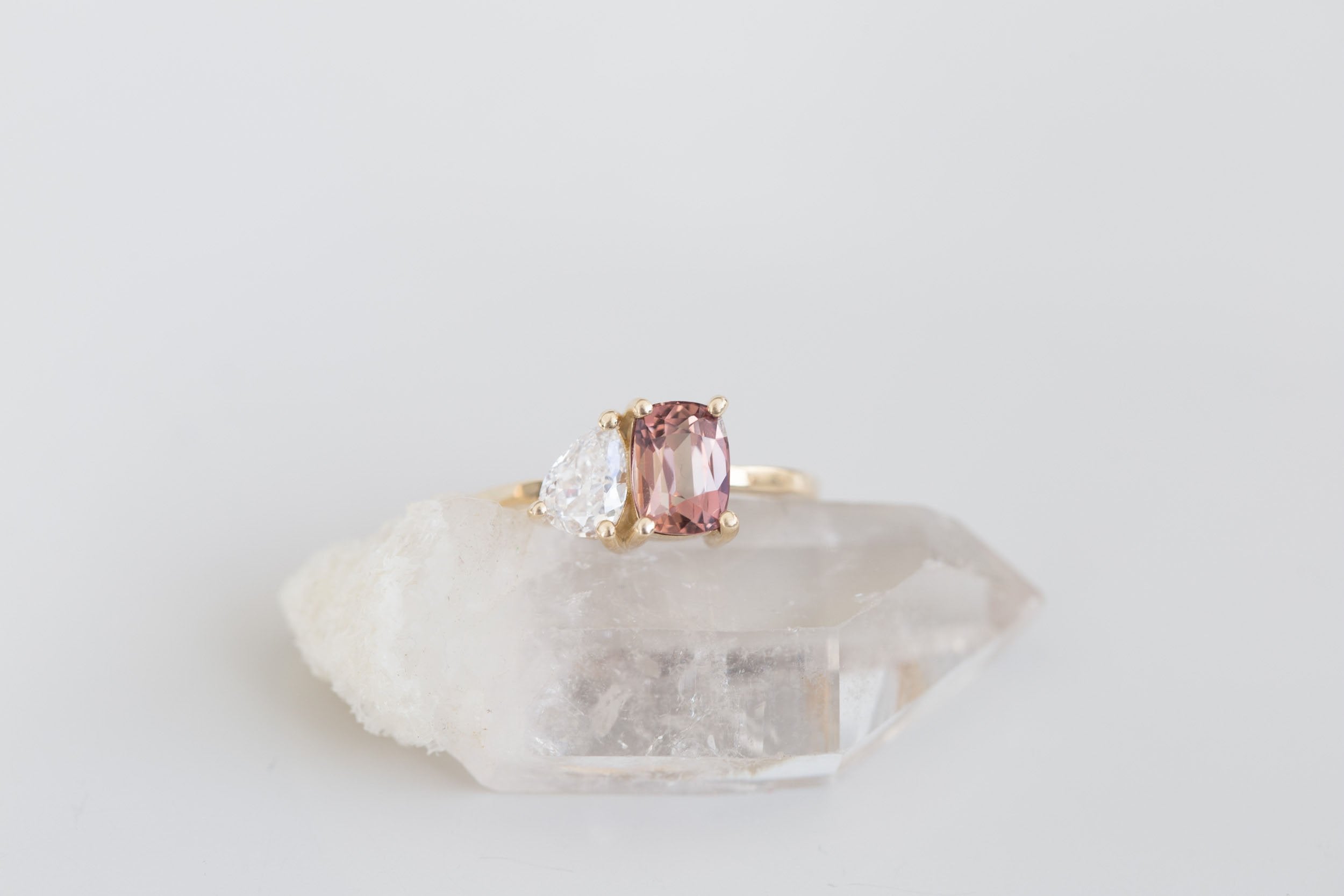 Liana Ring | Burnt Sienna Cushion Sapphire + Pear Diamond Engagement Ring | 14k Recycled Gold | One of a Kind