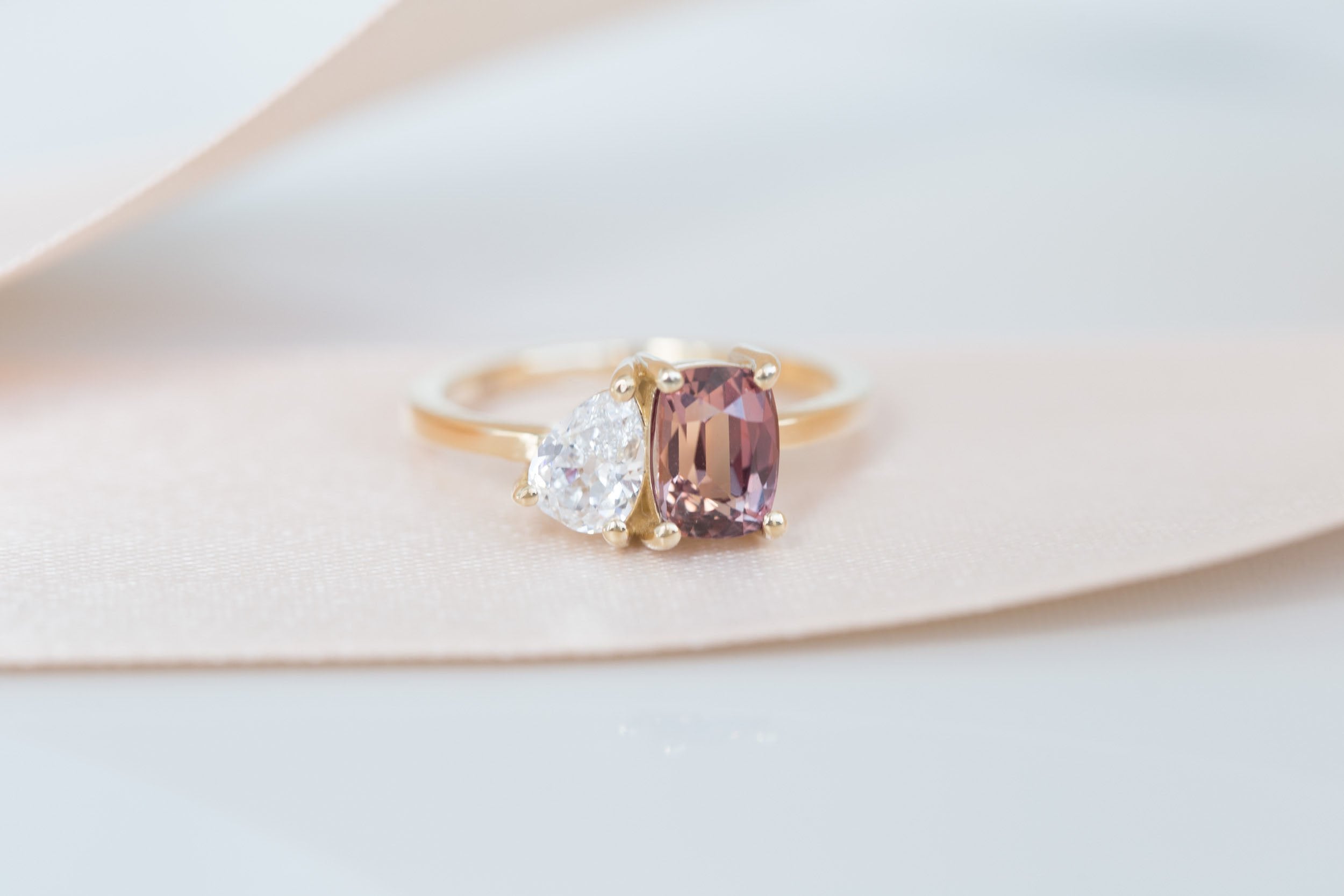 Liana Ring | Burnt Sienna Cushion Sapphire + Pear Diamond Engagement Ring | 14k Recycled Gold | One of a Kind