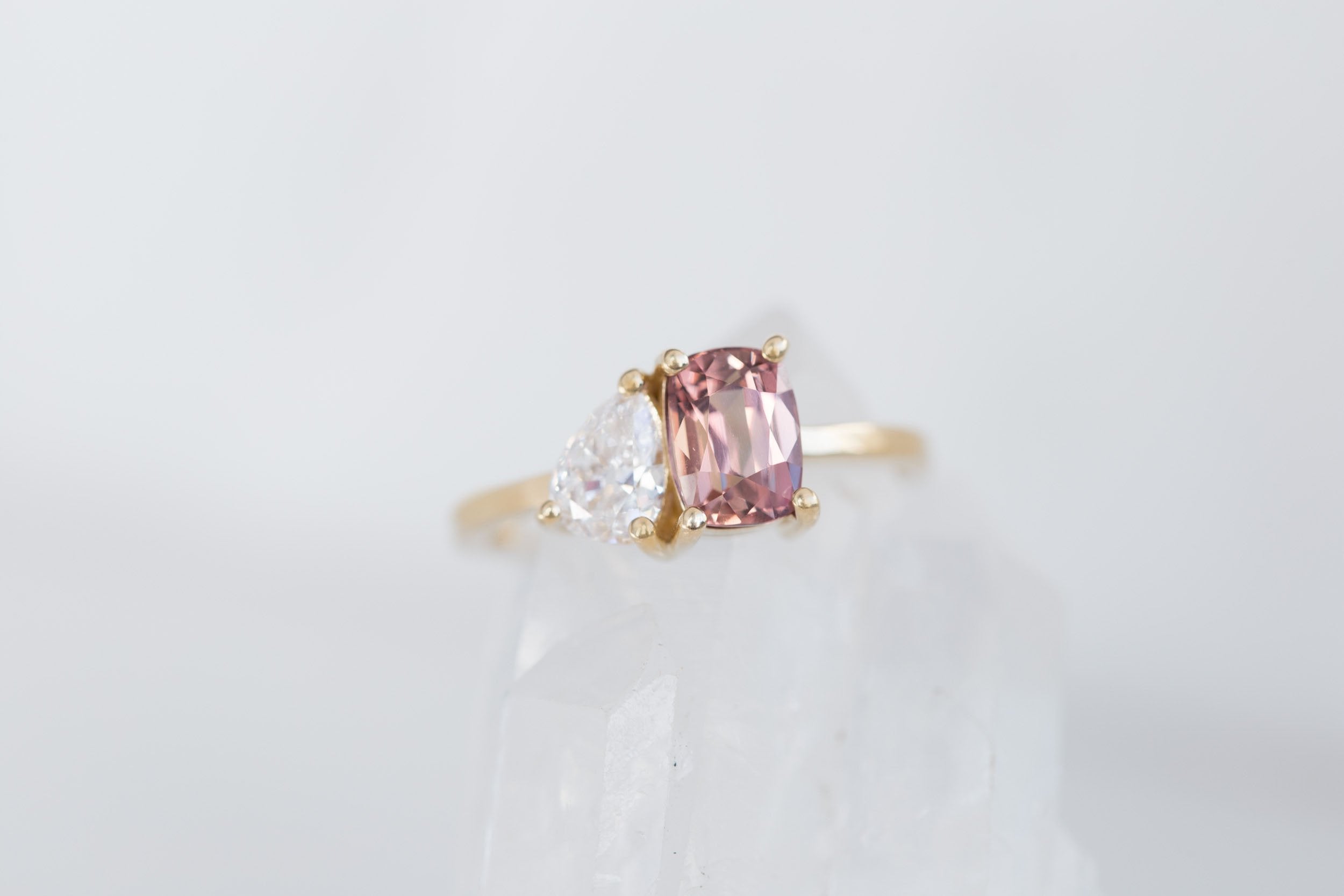 Liana Ring | Burnt Sienna Cushion Sapphire + Pear Diamond Engagement Ring | 14k Recycled Gold | One of a Kind