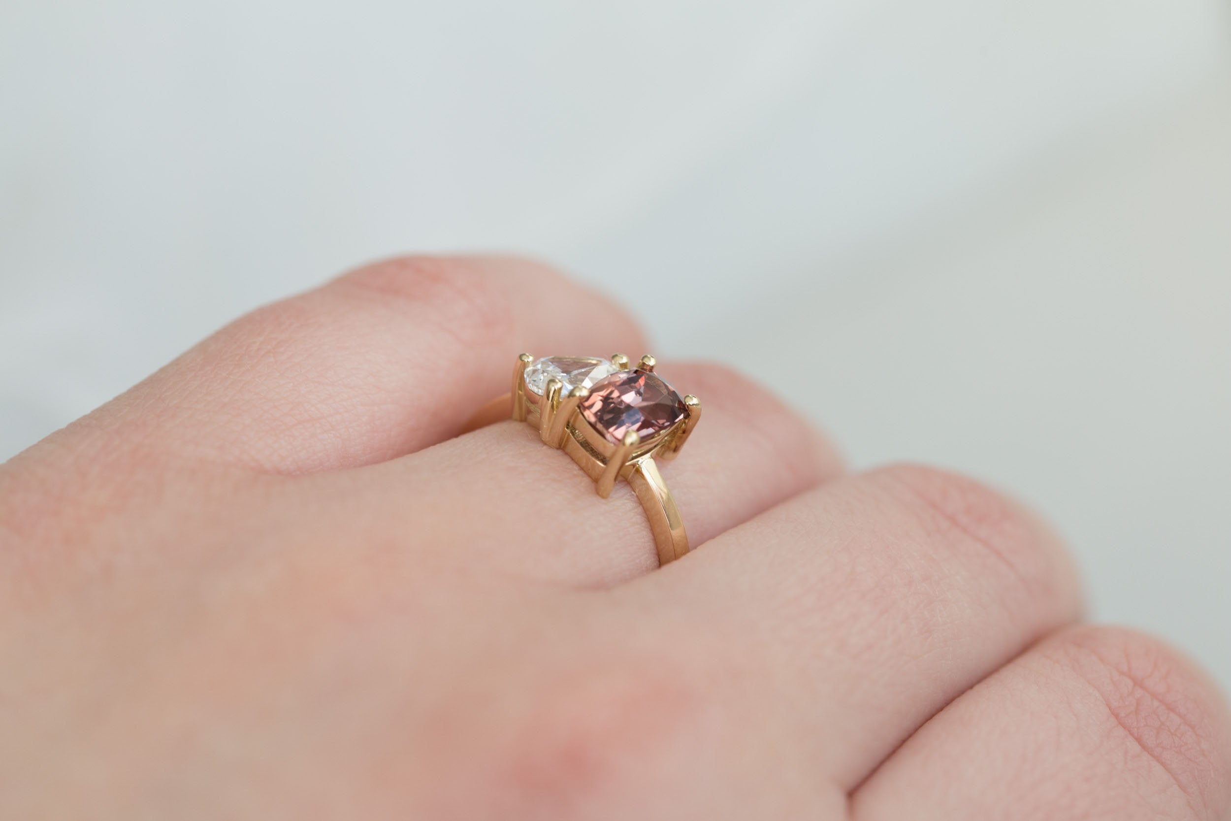 Liana Ring | Burnt Sienna Cushion Sapphire + Pear Diamond Engagement Ring | 14k Recycled Gold | One of a Kind
