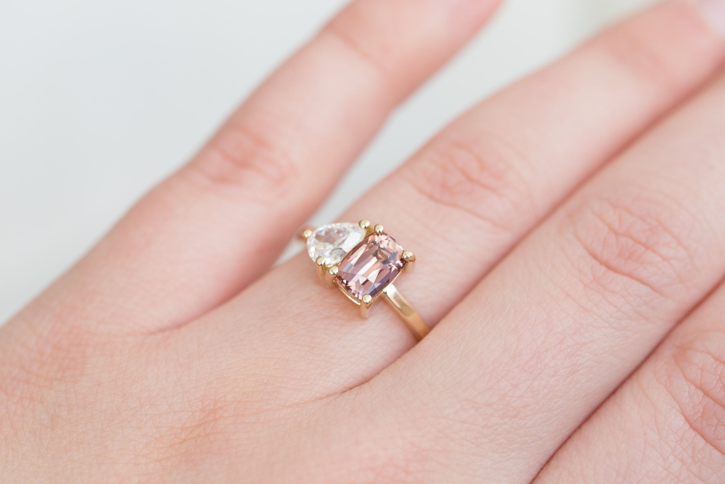 Liana Ring | Burnt Sienna Cushion Sapphire + Pear Diamond Engagement Ring | 14k Recycled Gold | One of a Kind