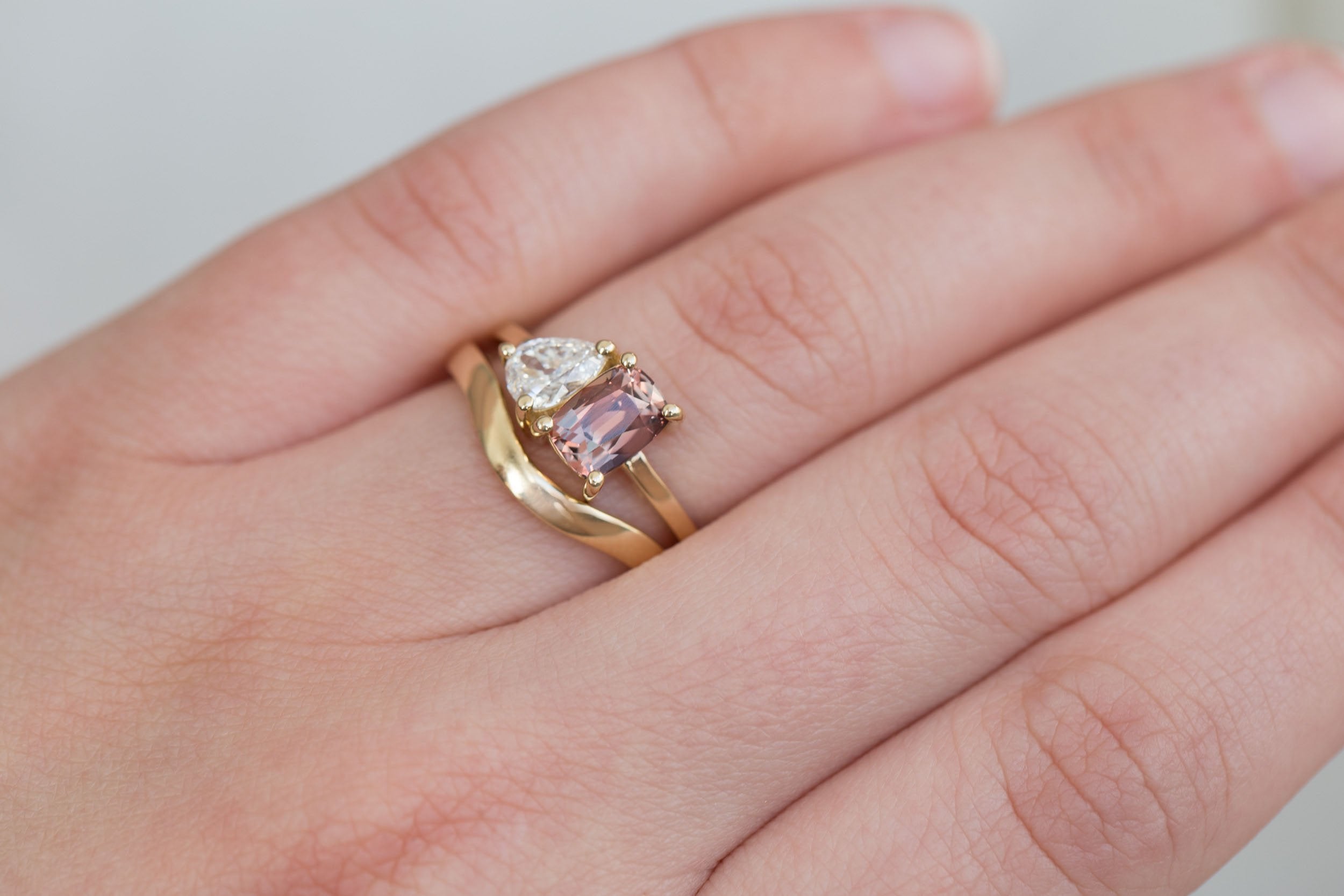 Liana Ring | Burnt Sienna Cushion Sapphire + Pear Diamond Engagement Ring | 14k Recycled Gold | One of a Kind