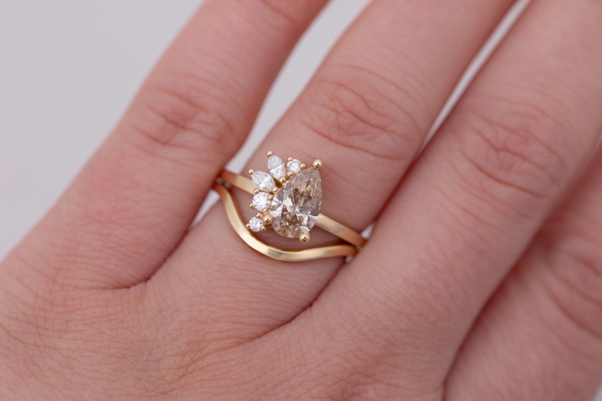 Dahlia Ring | Champagne Pear Cut Diamond + Diamond Cluster Engagement Ring 1.11 ct | 14k Recycled Gold | One of a Kind