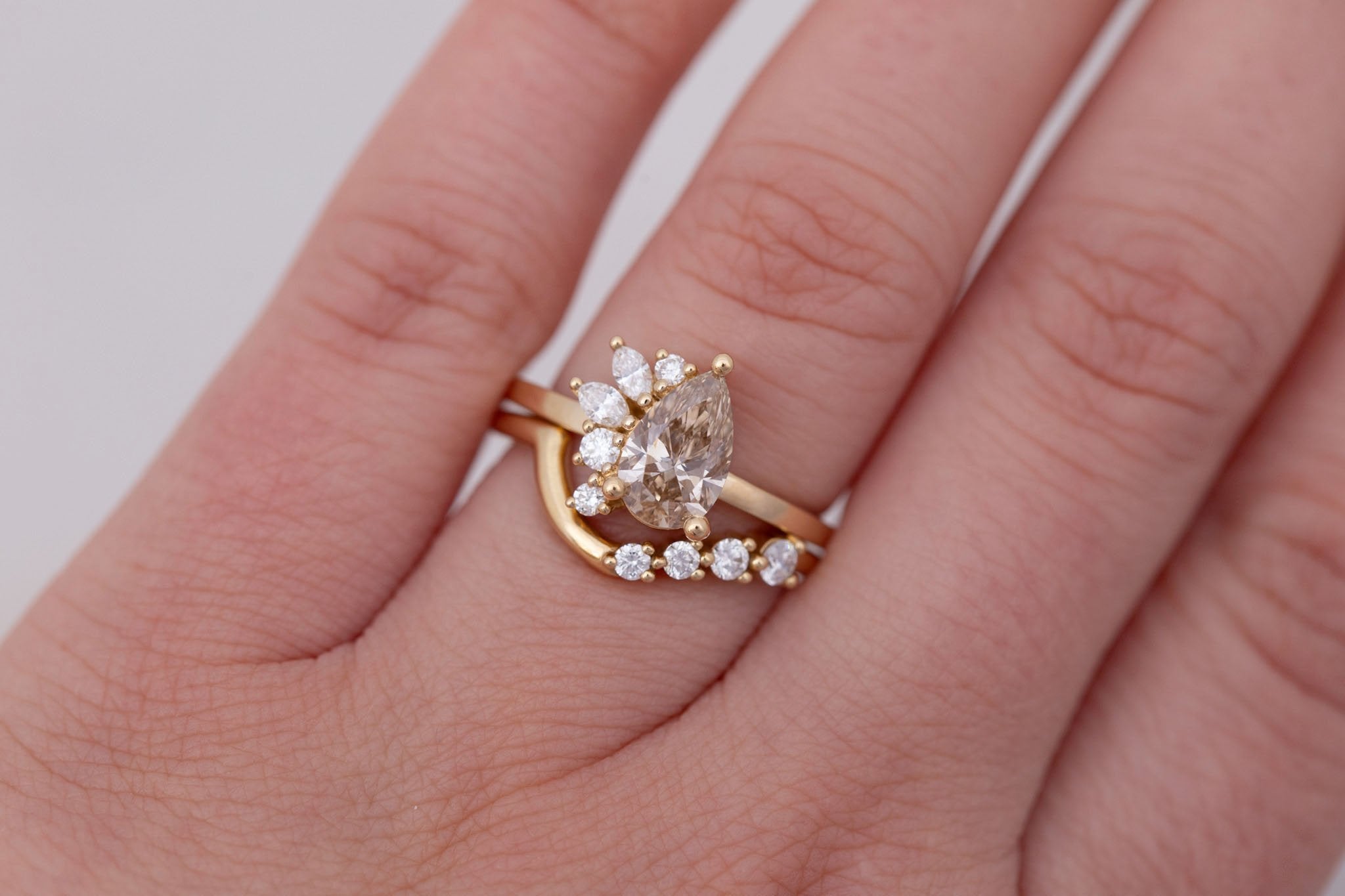 Dahlia Ring | Champagne Pear Cut Diamond + Diamond Cluster Engagement Ring 1.11 ct | 14k Recycled Gold | One of a Kind