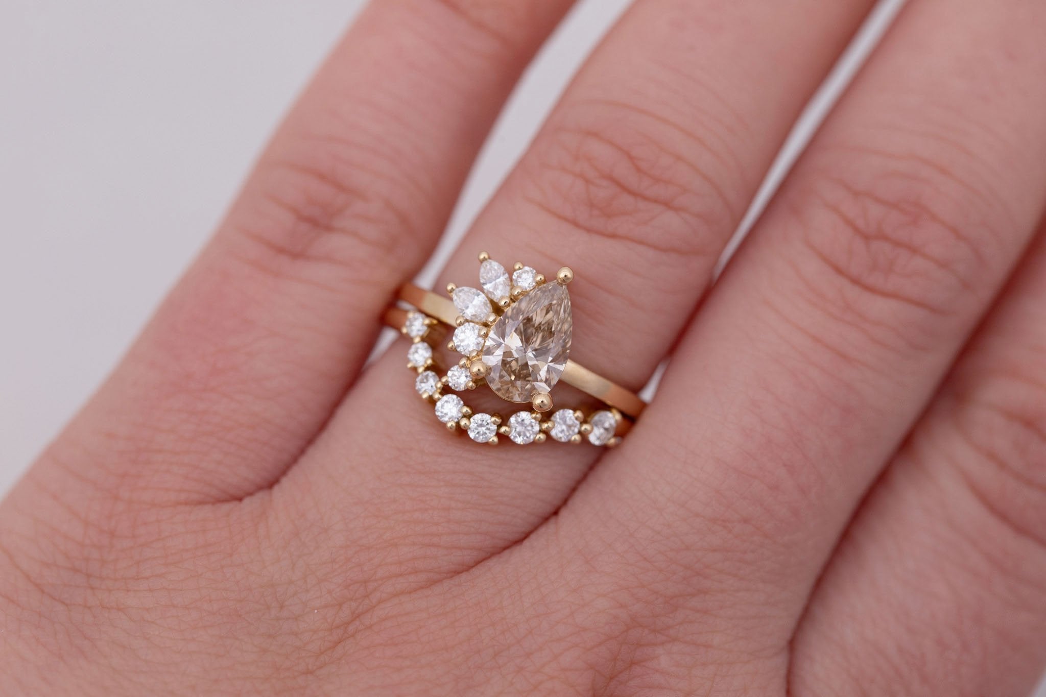 Dahlia Ring | Champagne Pear Cut Diamond + Diamond Cluster Engagement Ring 1.11 ct | 14k Recycled Gold | One of a Kind
