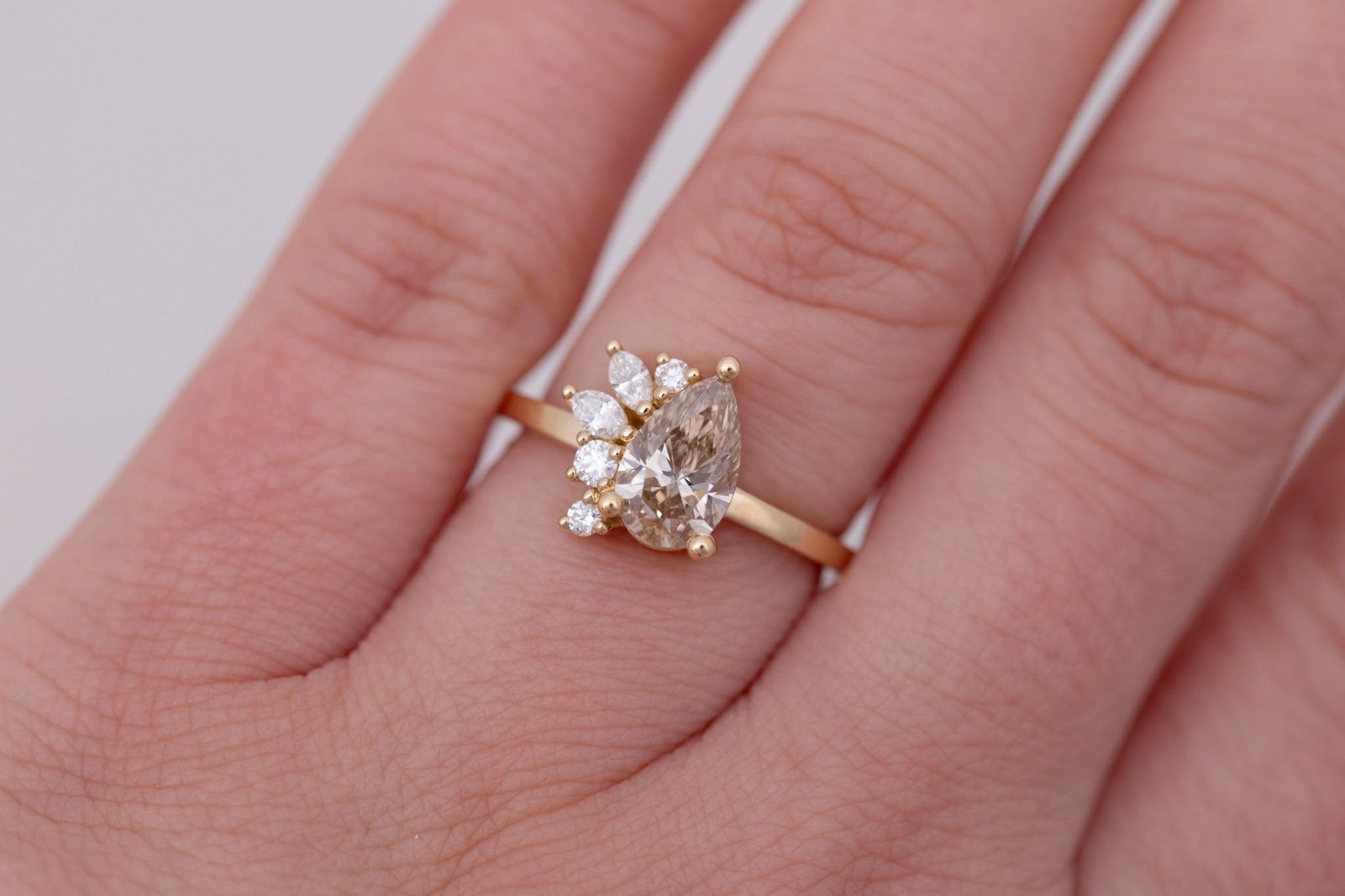 Dahlia Ring | Champagne Pear Cut Diamond + Diamond Cluster Engagement Ring 1.11 ct | 14k Recycled Gold | One of a Kind