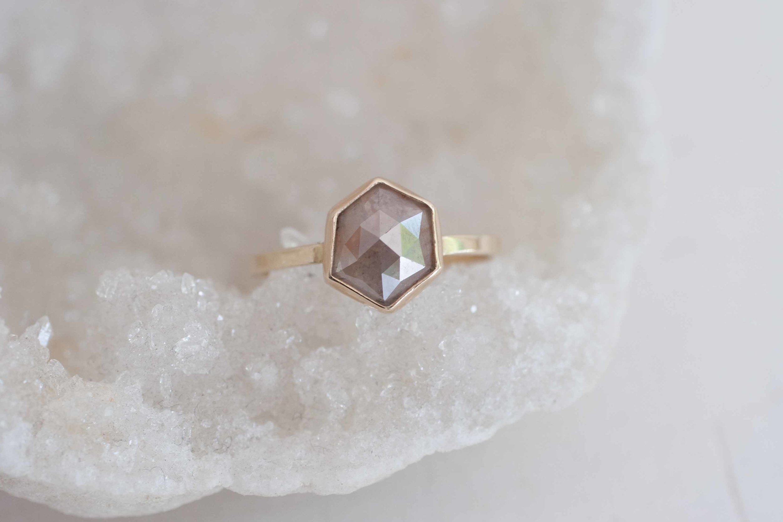 Champagne Mauve Rose Cut Hexagon Diamond Engagement Ring | 14k Recycled Gold | Geometric Diamond Ring | One of a Kind