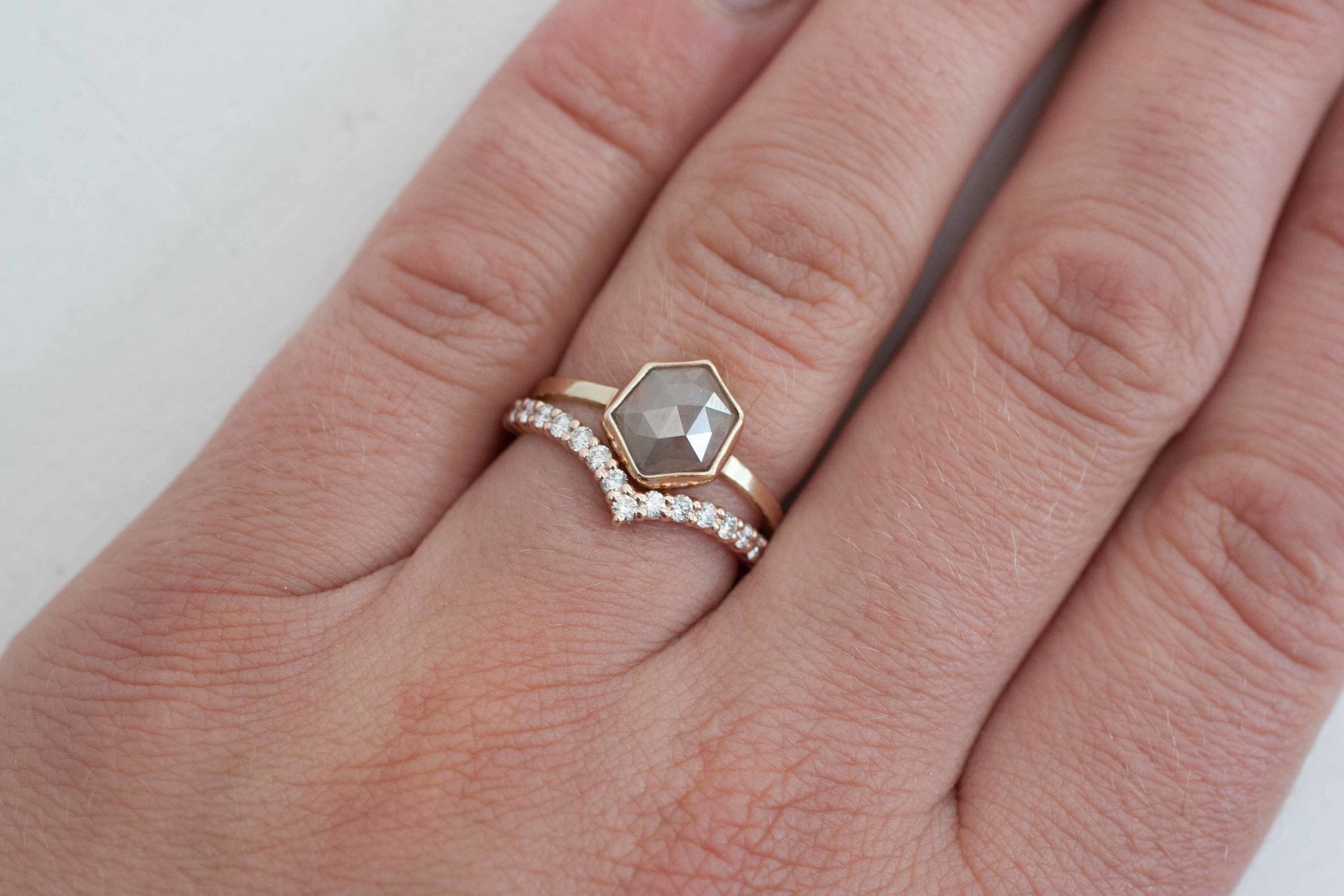 Champagne Mauve Rose Cut Hexagon Diamond Engagement Ring | 14k Recycled Gold | Geometric Diamond Ring | One of a Kind