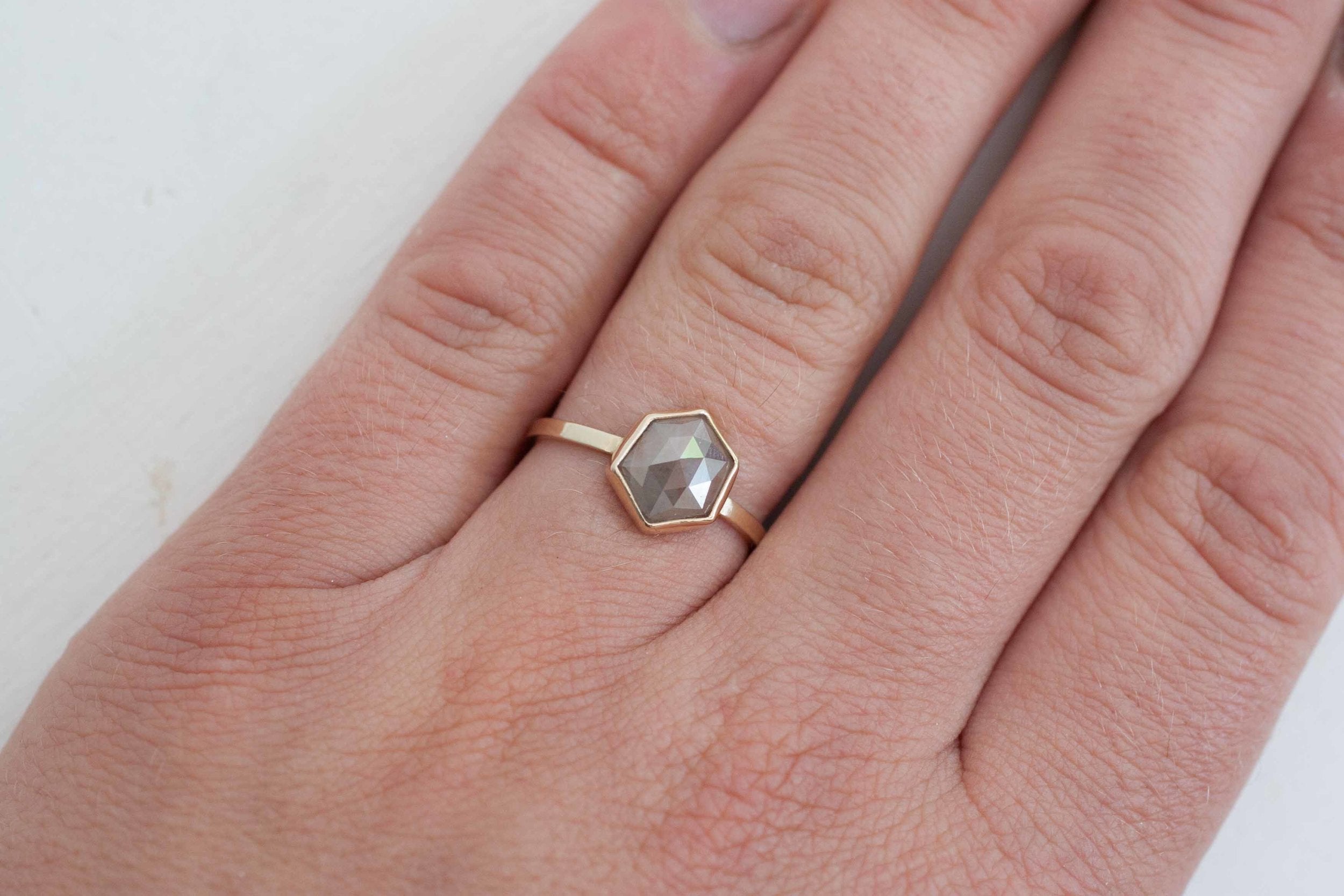 Champagne Mauve Rose Cut Hexagon Diamond Engagement Ring | 14k Recycled Gold | Geometric Diamond Ring | One of a Kind