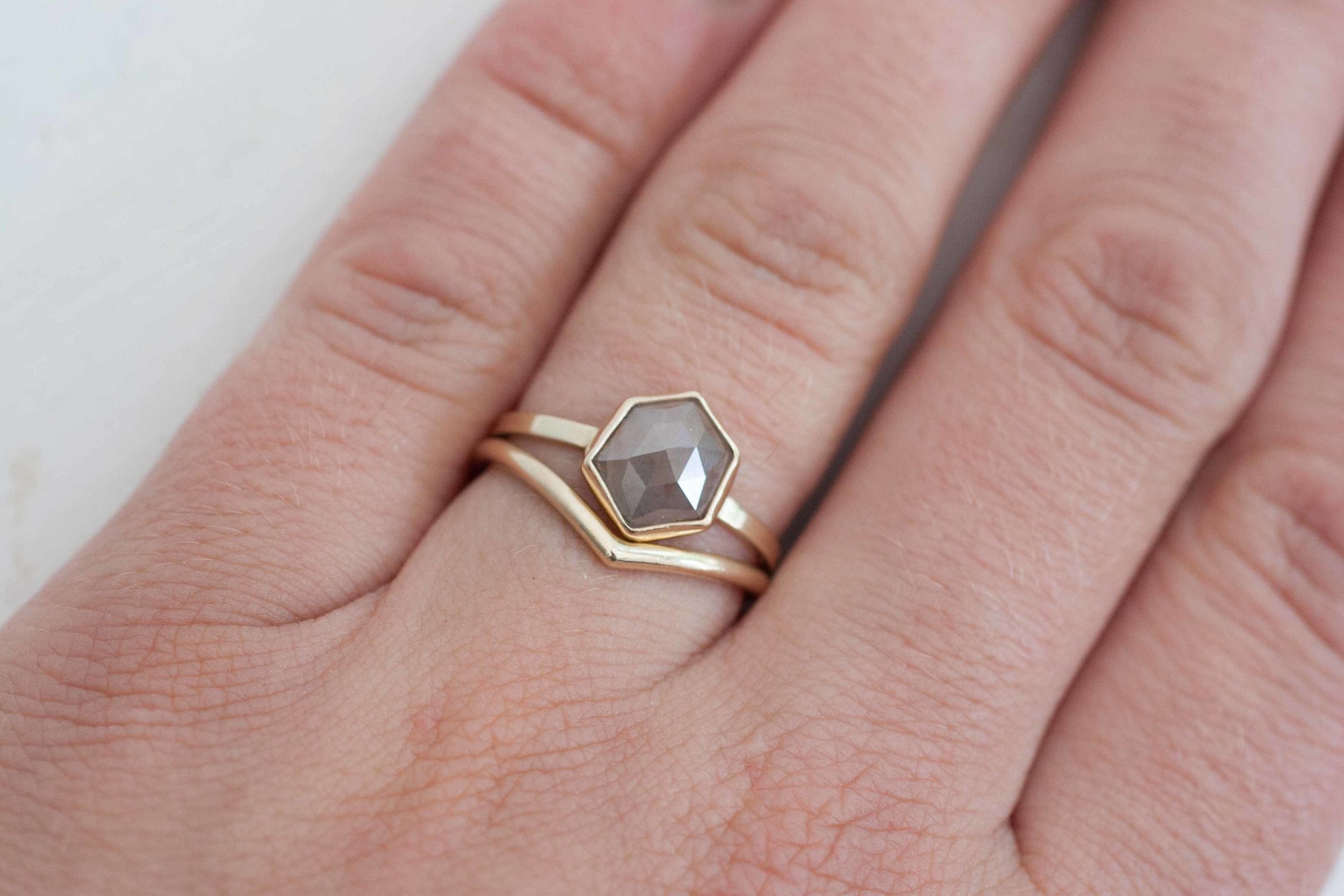Champagne Mauve Rose Cut Hexagon Diamond Engagement Ring | 14k Recycled Gold | Geometric Diamond Ring | One of a Kind