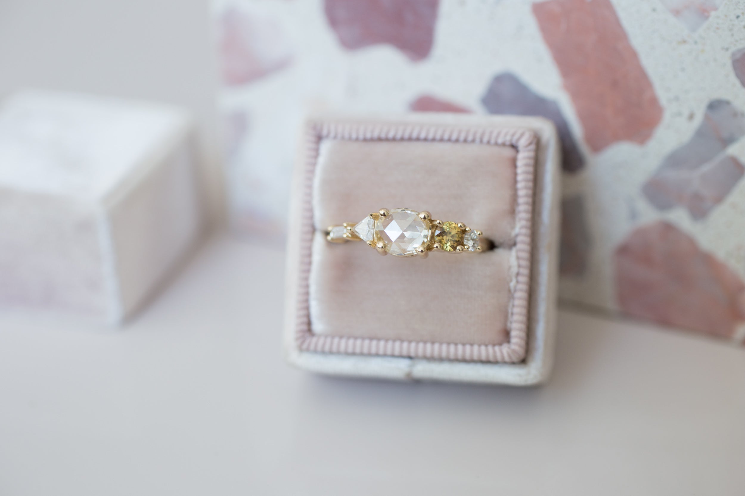 Champagne Oval Diamond, Ochre Sapphire + Diamond Cluster Engagement Ring | 14k Recycled Gold | One of a Kind