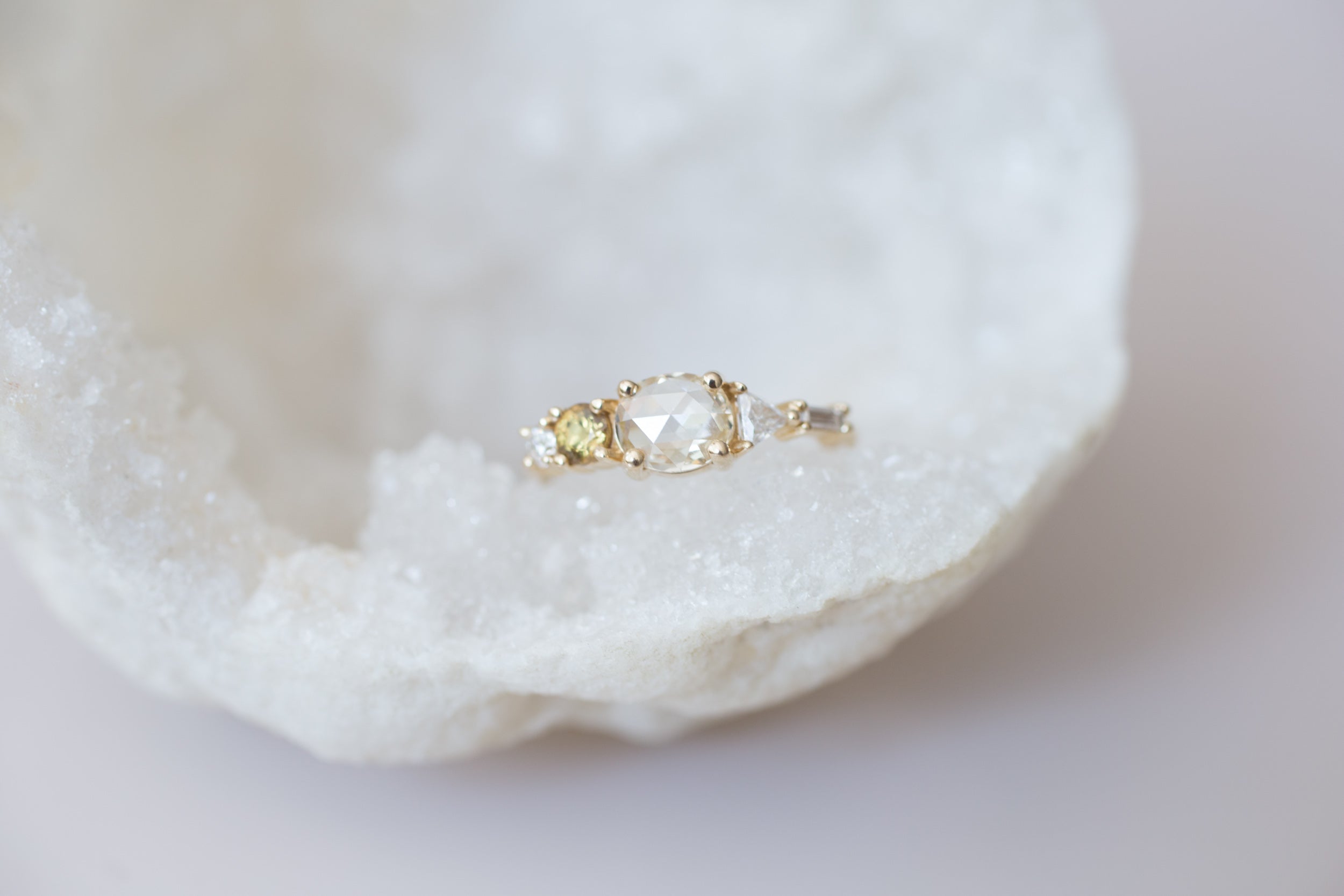 Champagne Oval Diamond, Ochre Sapphire + Diamond Cluster Engagement Ring | 14k Recycled Gold | One of a Kind