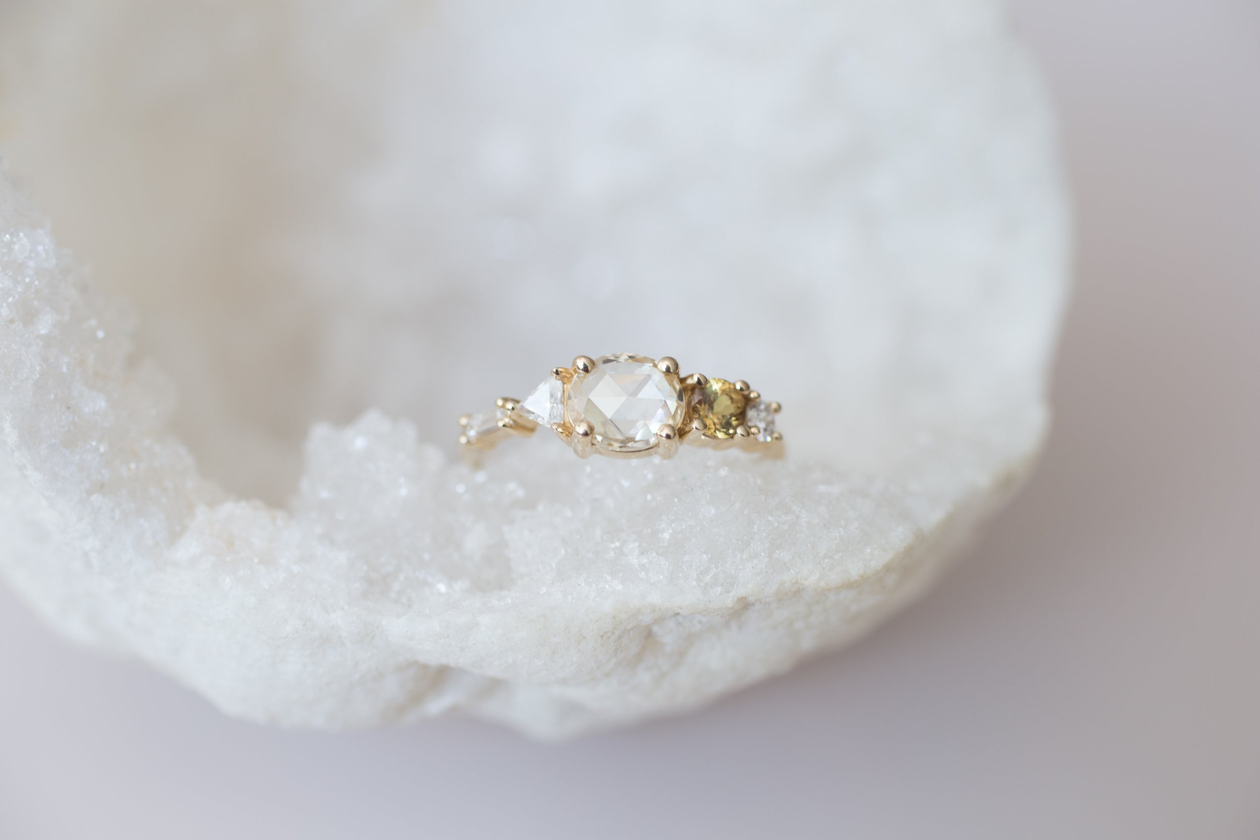 Champagne Oval Diamond, Ochre Sapphire + Diamond Cluster Engagement Ring | 14k Recycled Gold | One of a Kind