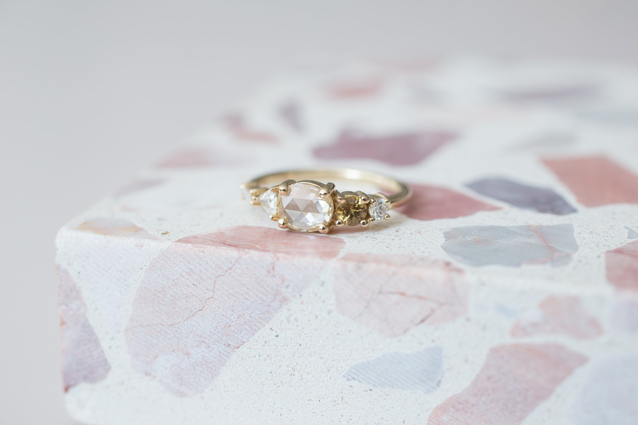 Champagne Oval Diamond, Ochre Sapphire + Diamond Cluster Engagement Ring | 14k Recycled Gold | One of a Kind