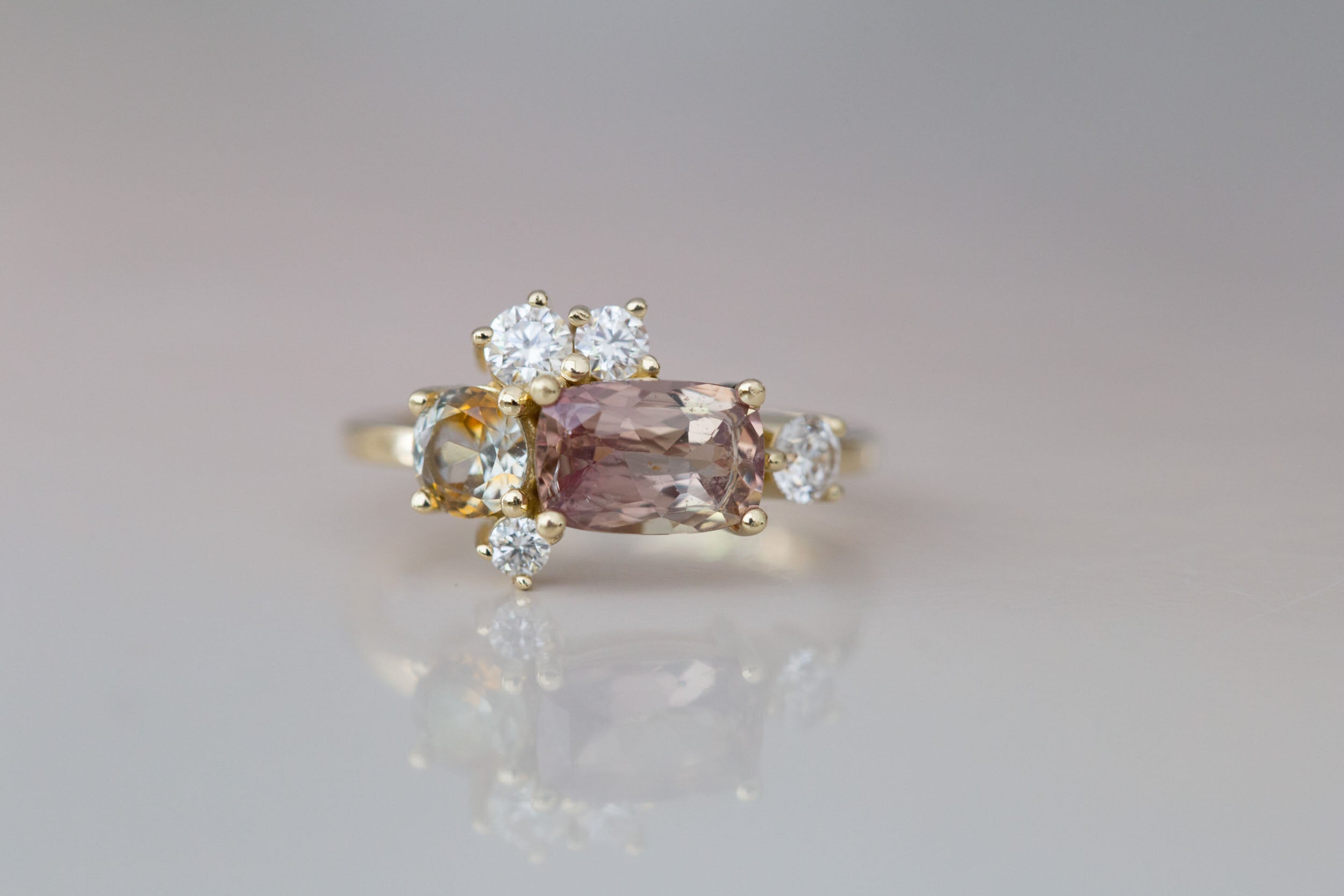 Champagne Sapphire + Bicolor Sapphire + Diamond Cluster Engagement Ring | 14k Yellow Gold | One of a Kind