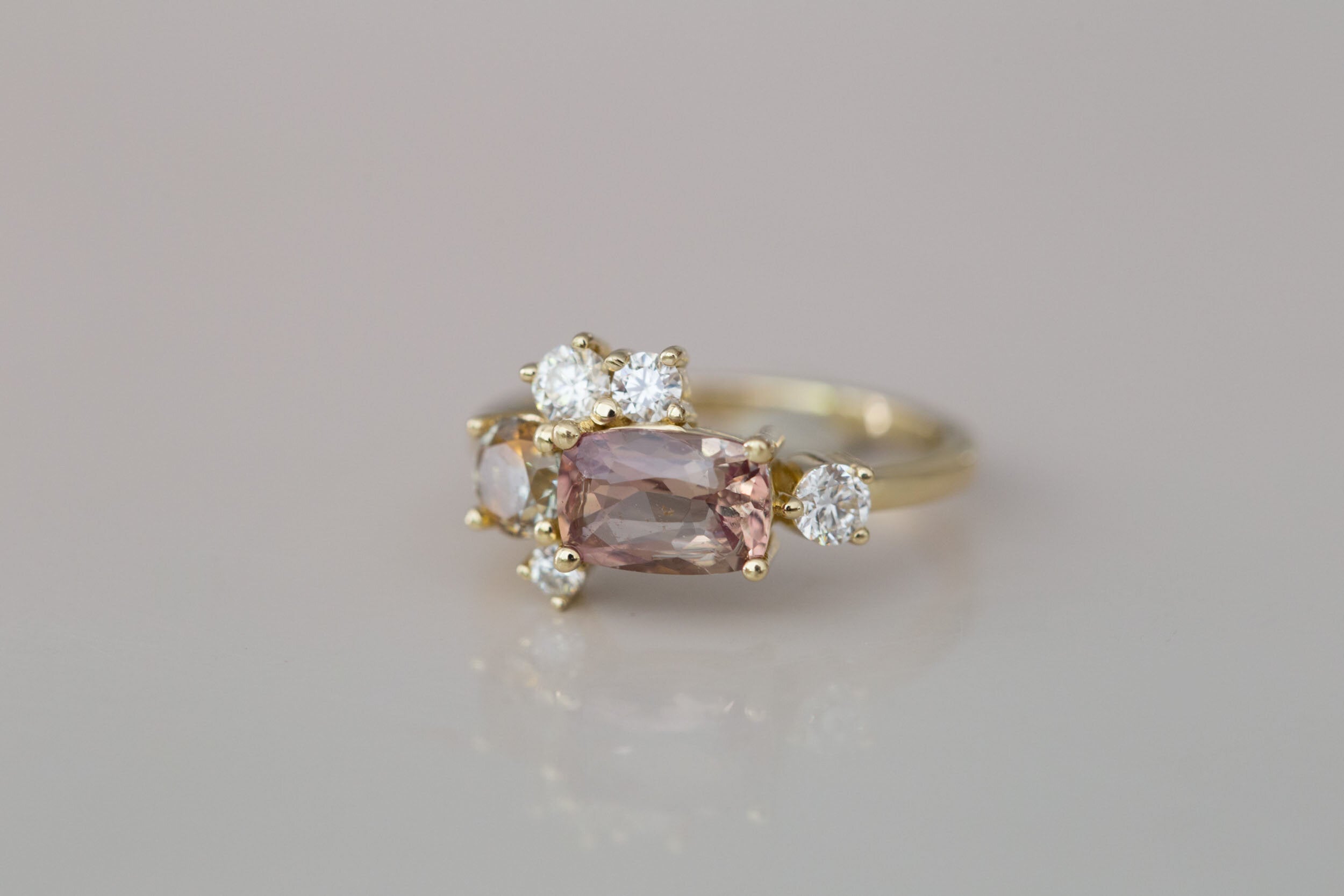 Champagne Sapphire + Bicolor Sapphire + Diamond Cluster Engagement Ring | 14k Yellow Gold | One of a Kind