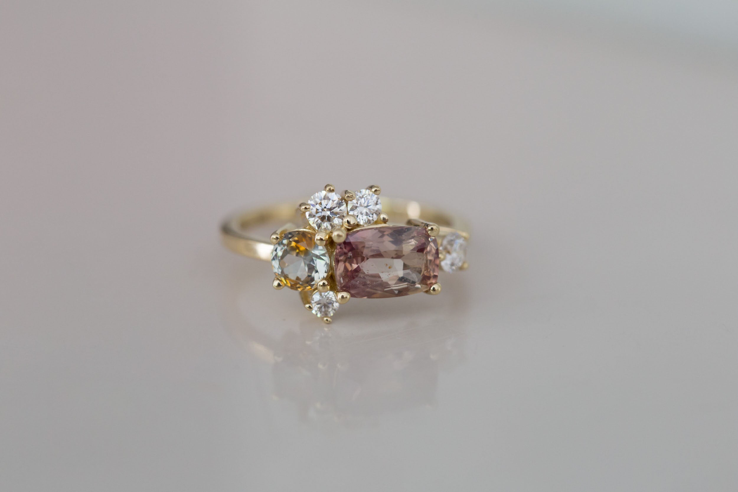 Champagne Sapphire + Bicolor Sapphire + Diamond Cluster Engagement Ring | 14k Yellow Gold | One of a Kind