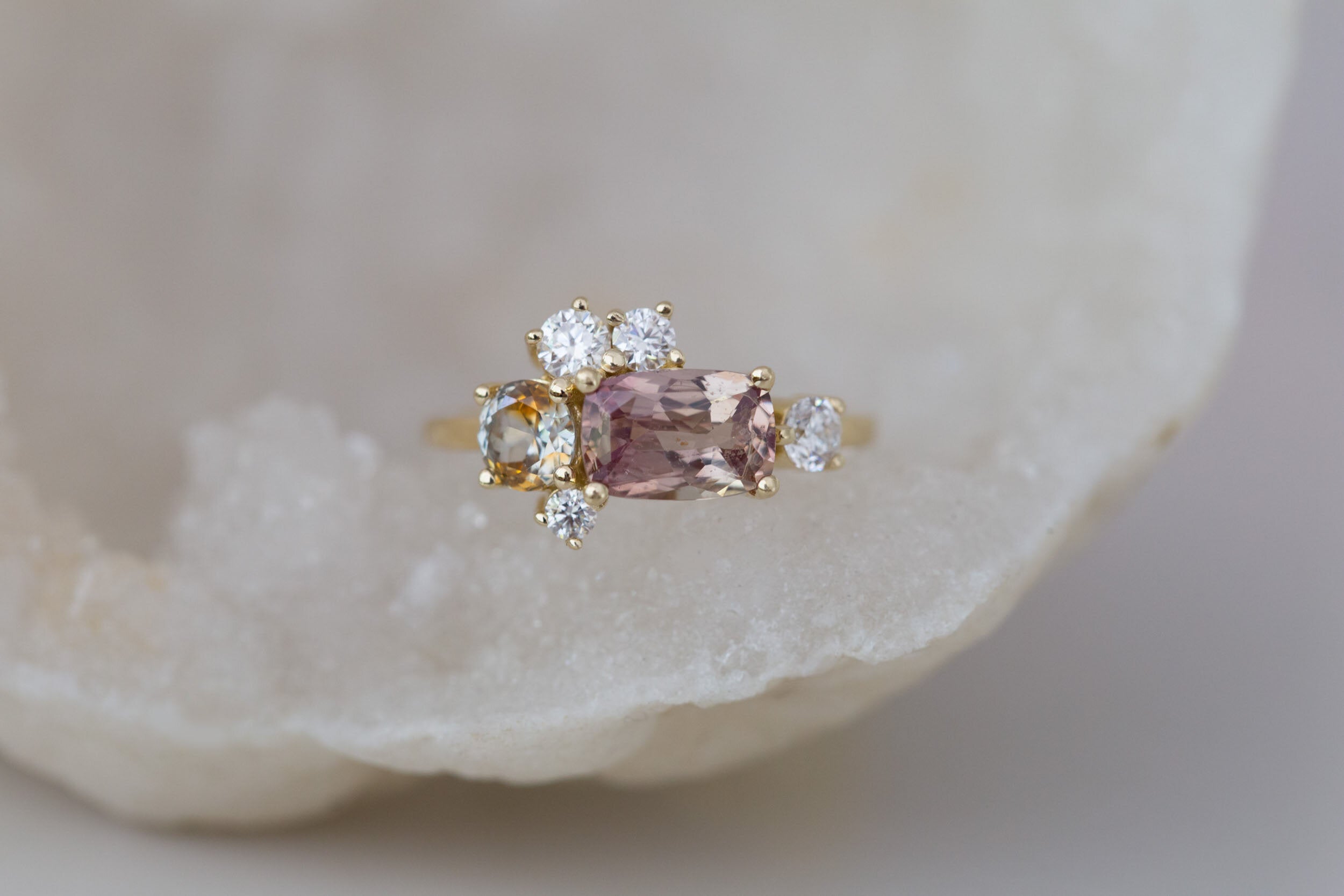 Champagne Sapphire + Bicolor Sapphire + Diamond Cluster Engagement Ring | 14k Yellow Gold | One of a Kind