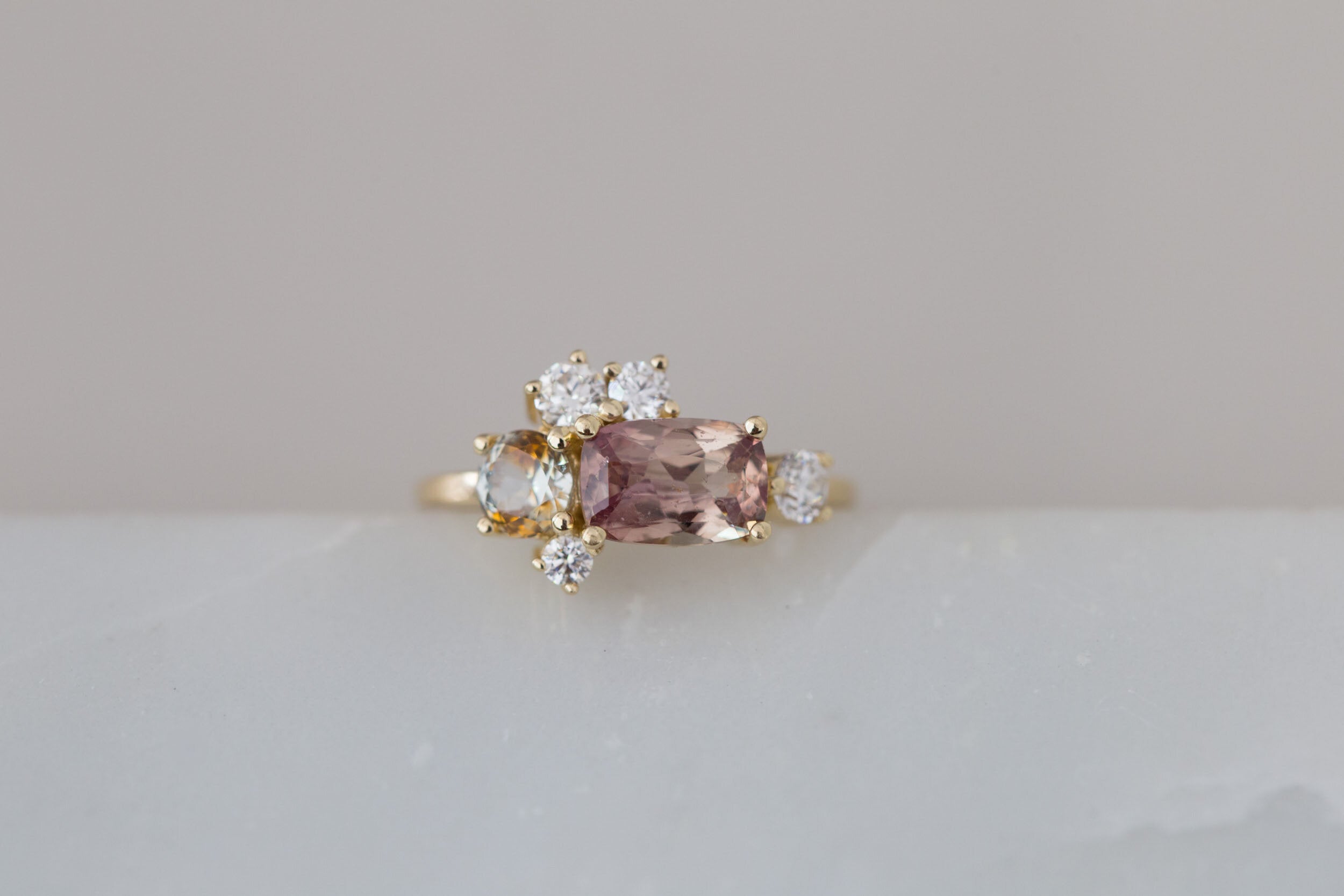 Champagne Sapphire + Bicolor Sapphire + Diamond Cluster Engagement Ring | 14k Yellow Gold | One of a Kind