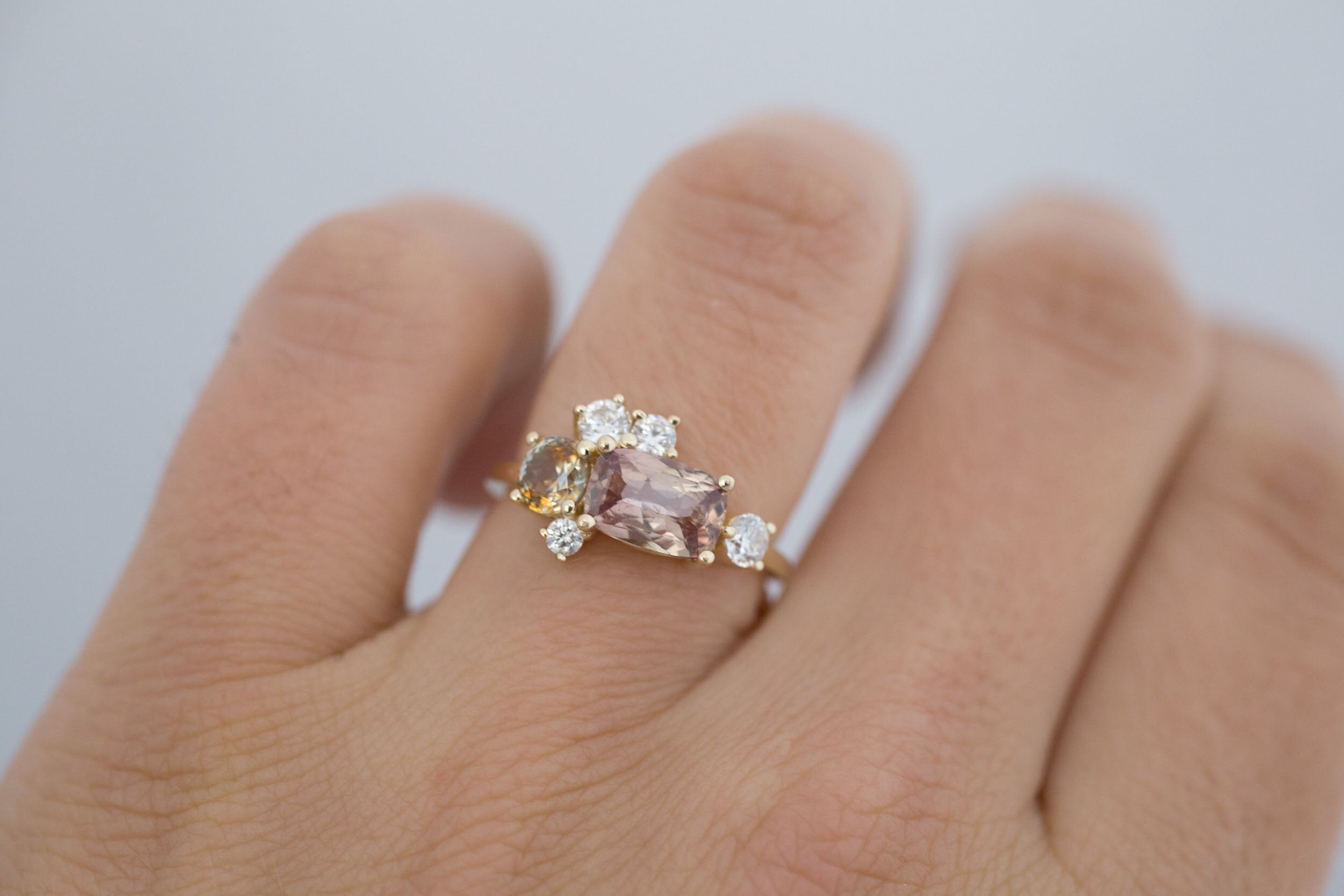 Champagne Sapphire + Bicolor Sapphire + Diamond Cluster Engagement Ring | 14k Yellow Gold | One of a Kind