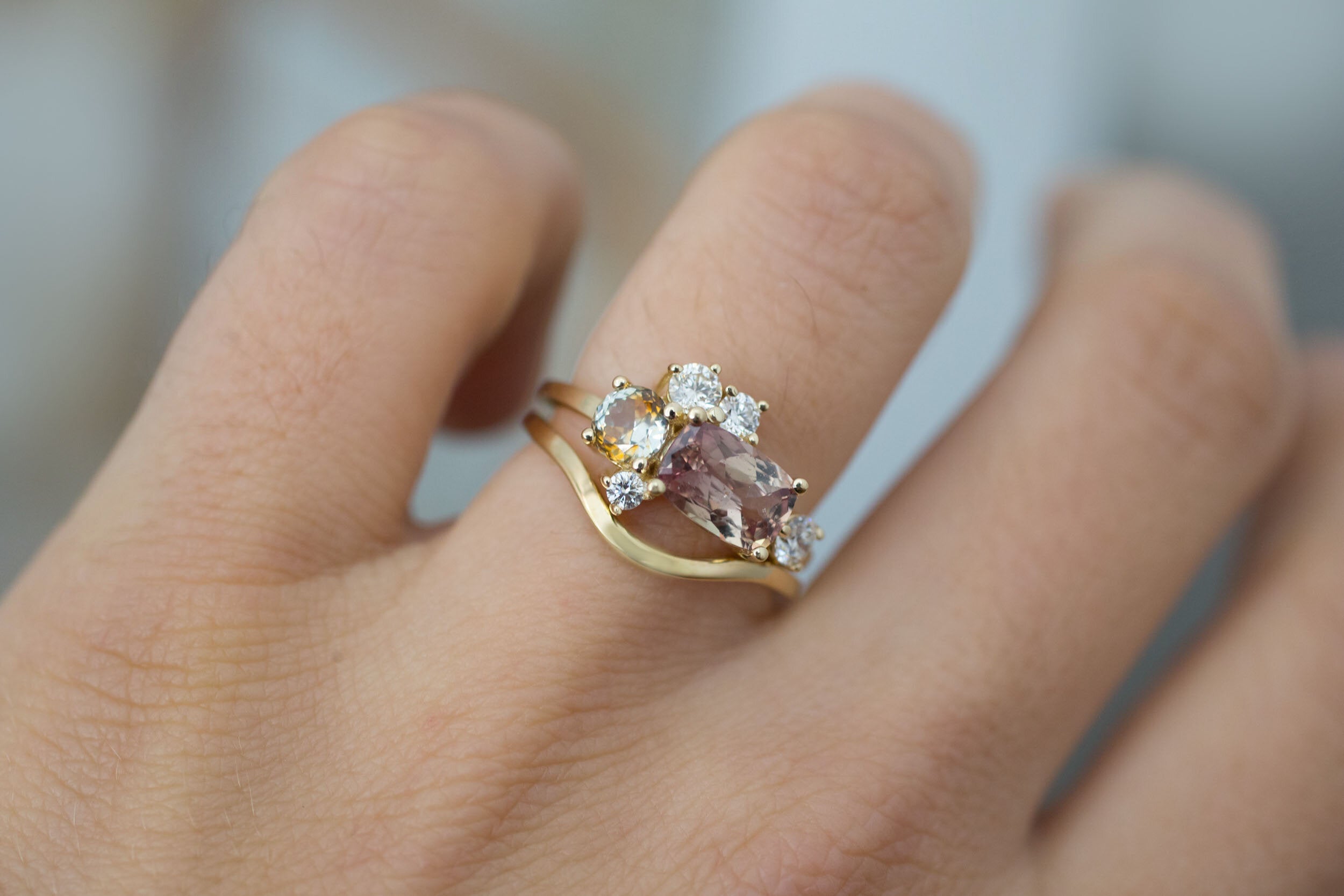 Champagne Sapphire + Bicolor Sapphire + Diamond Cluster Engagement Ring | 14k Yellow Gold | One of a Kind