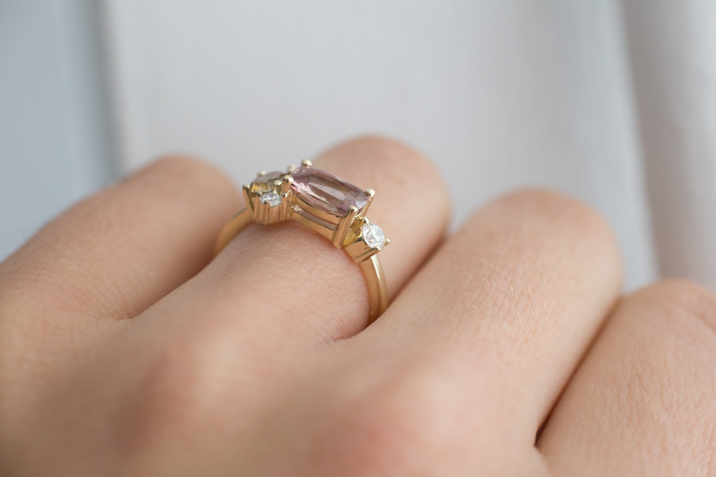 Champagne Sapphire + Bicolor Sapphire + Diamond Cluster Engagement Ring | 14k Yellow Gold | One of a Kind