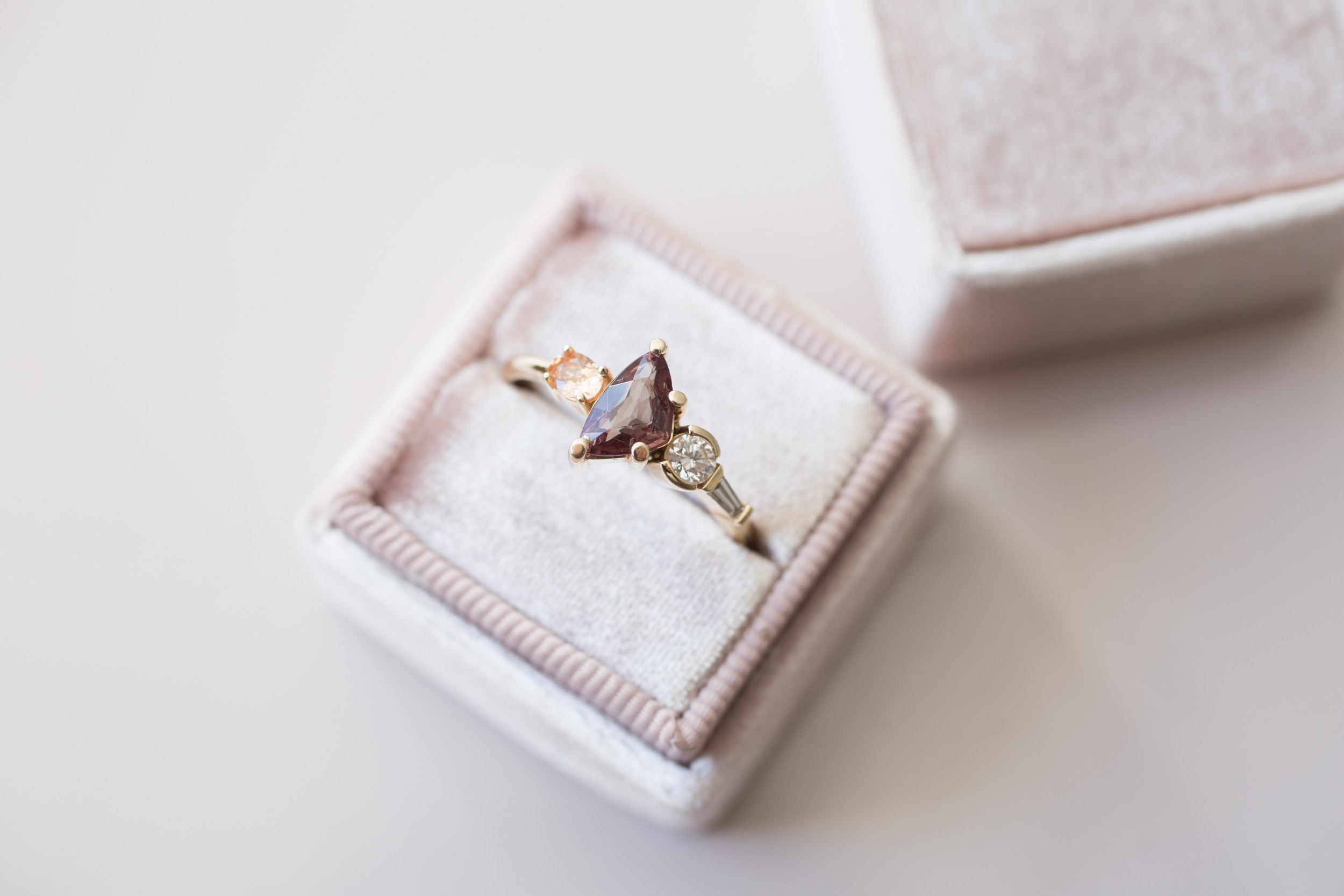 Color Change Garnet, Peach Sapphire + Diamond Cluster Engagement Ring | 14k Recycled Gold | One of a Kind