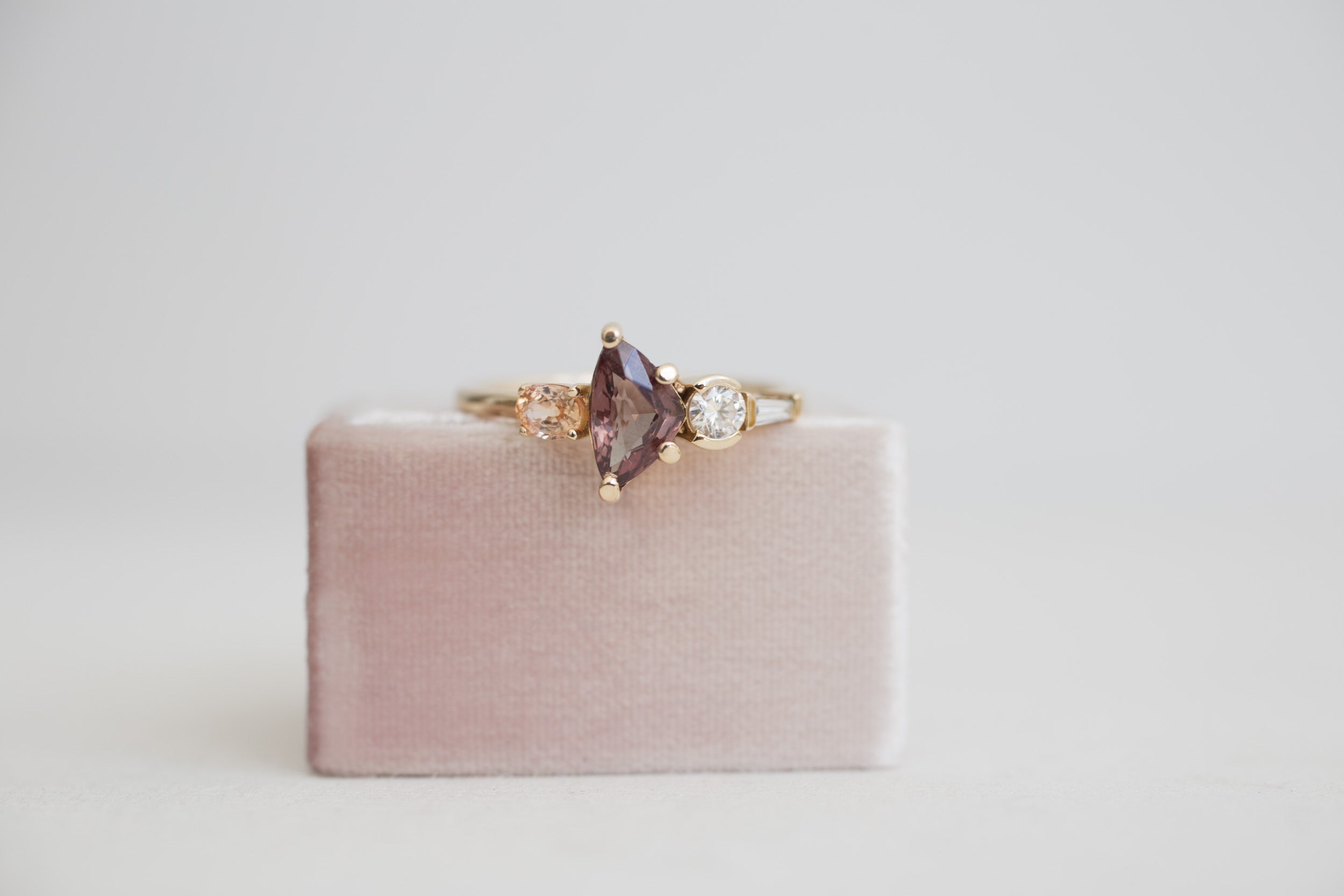 Color Change Garnet, Peach Sapphire + Diamond Cluster Engagement Ring | 14k Recycled Gold | One of a Kind