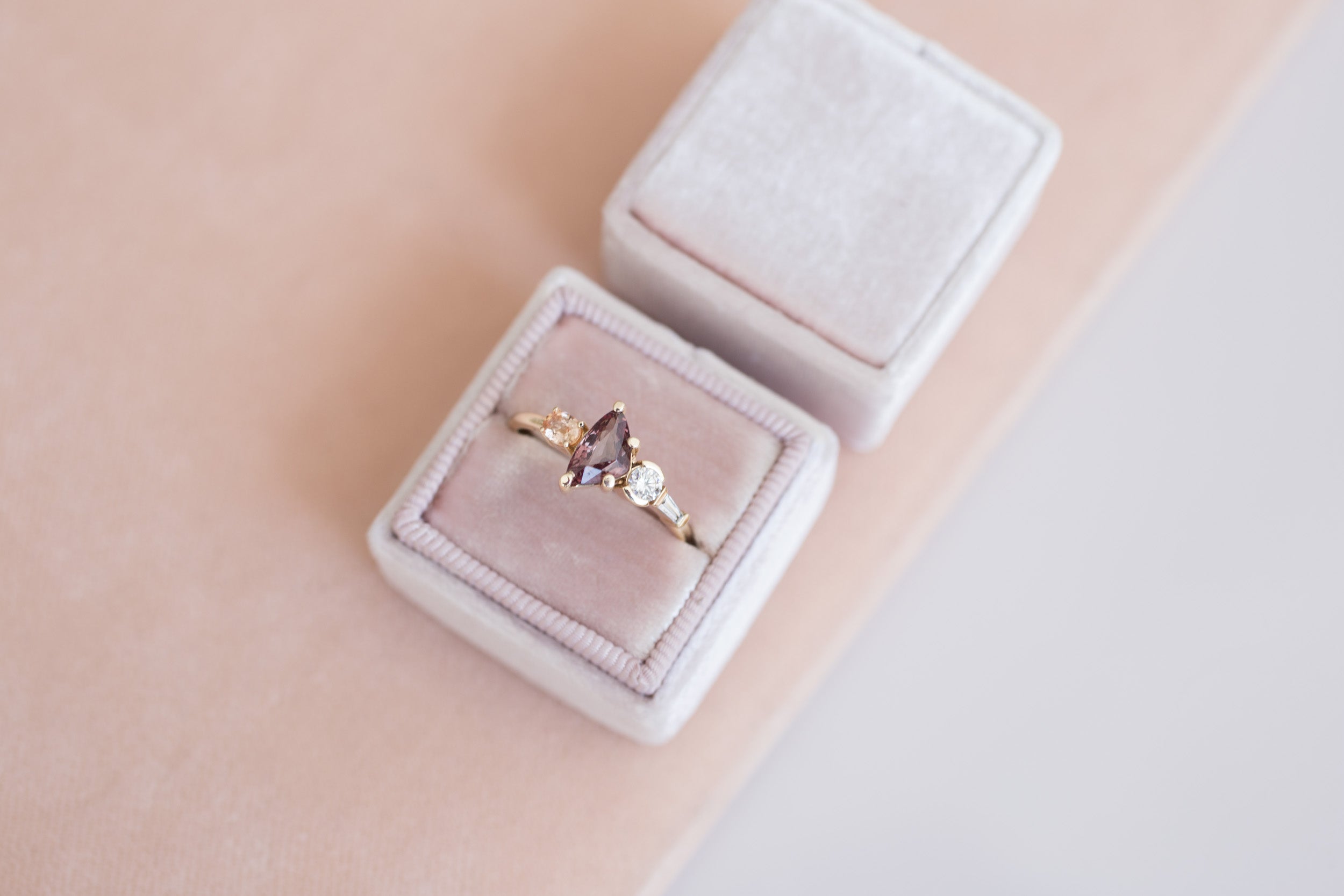 Color Change Garnet, Peach Sapphire + Diamond Cluster Engagement Ring | 14k Recycled Gold | One of a Kind