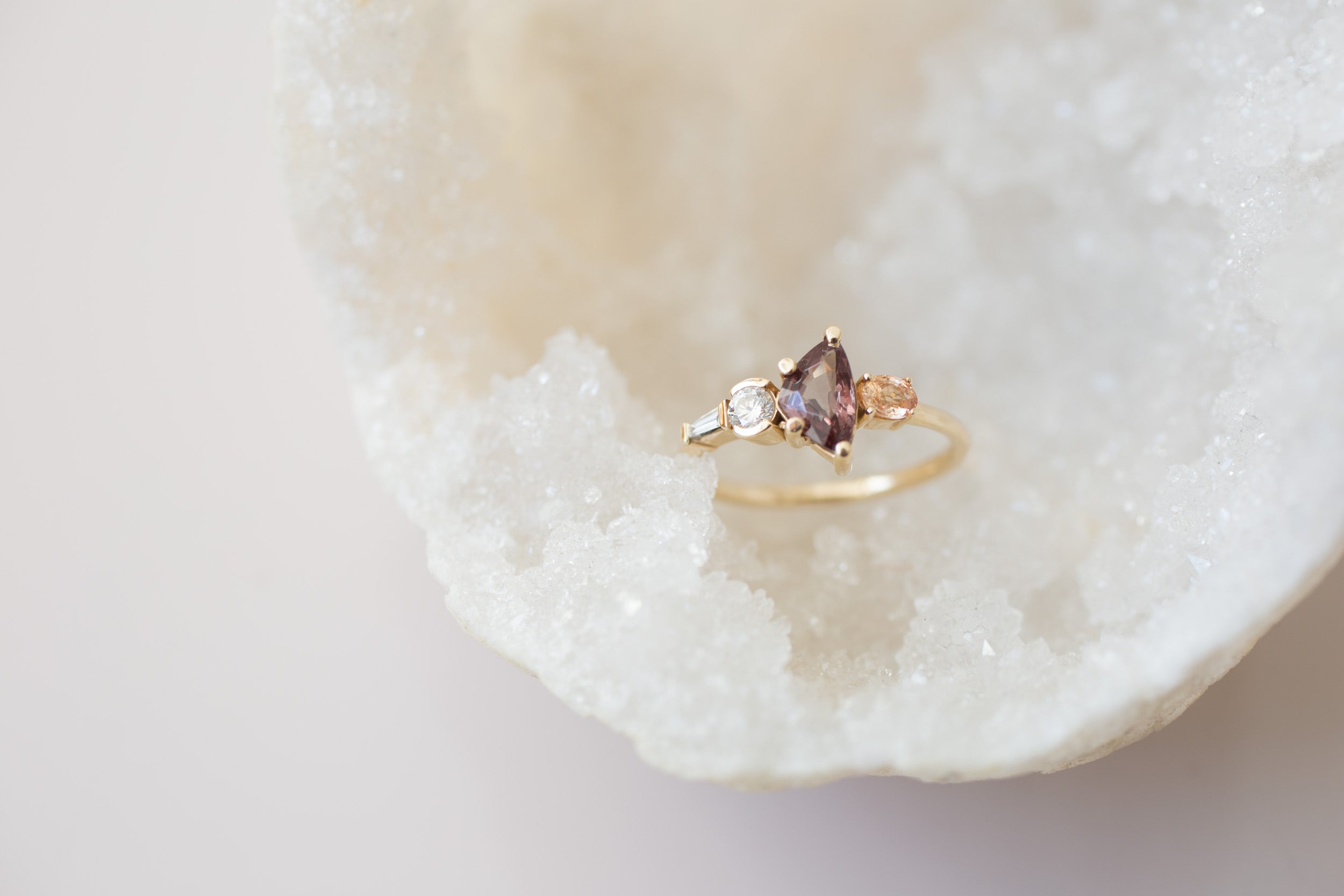 Color Change Garnet, Peach Sapphire + Diamond Cluster Engagement Ring | 14k Recycled Gold | One of a Kind