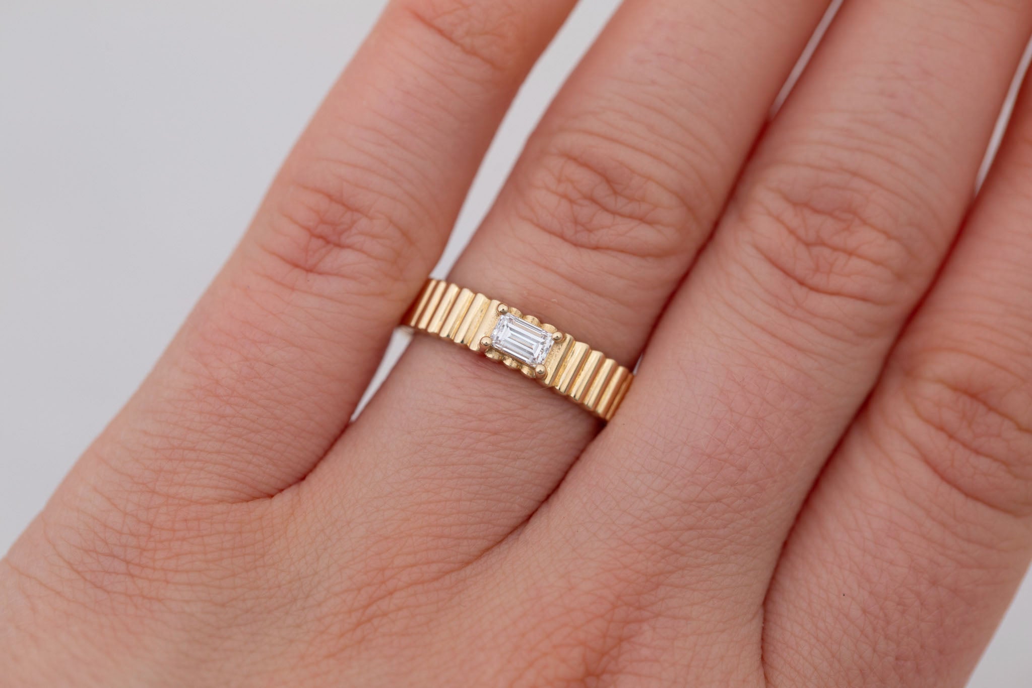Ellis Ring | Baguette Cut Diamond + Fluted Band Engagement Ring 0.28 ct | 14k Recycled Gold | One of a Kind