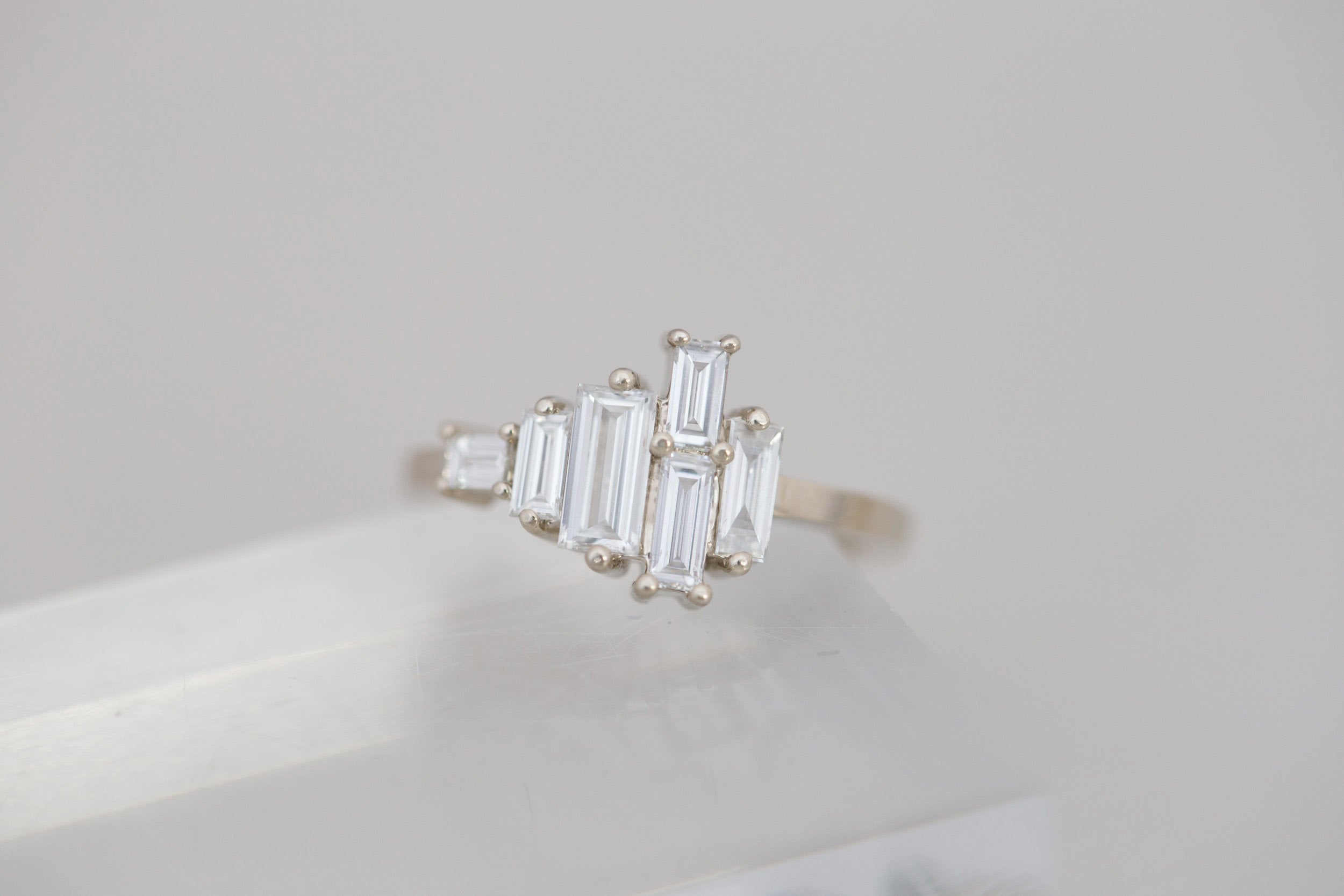 Seneca Ring | Asymmetrical Diamond Baguette Engagement Ring | 14k Recycled White Gold