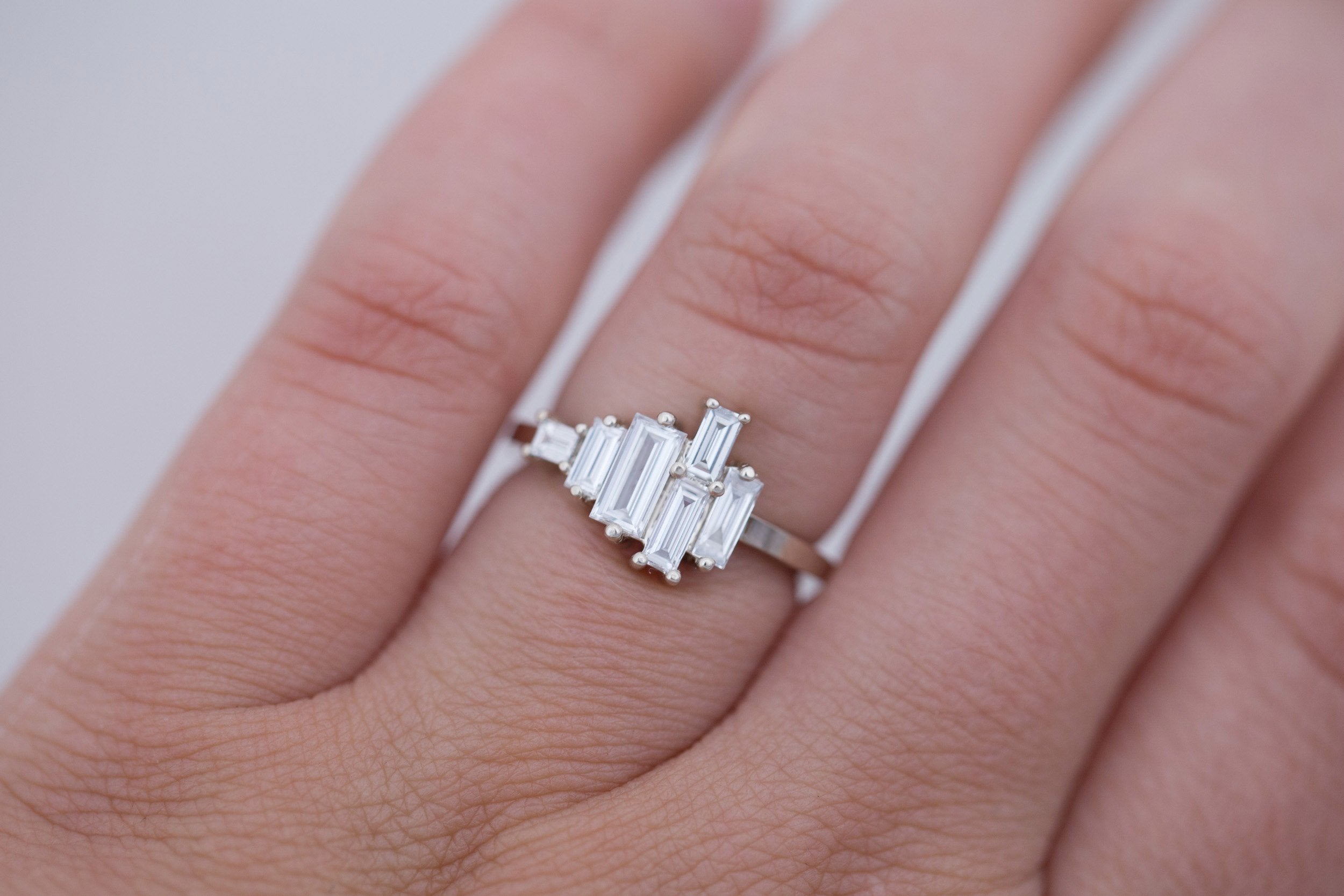 Seneca Ring | Asymmetrical Diamond Baguette Engagement Ring | 14k Recycled White Gold