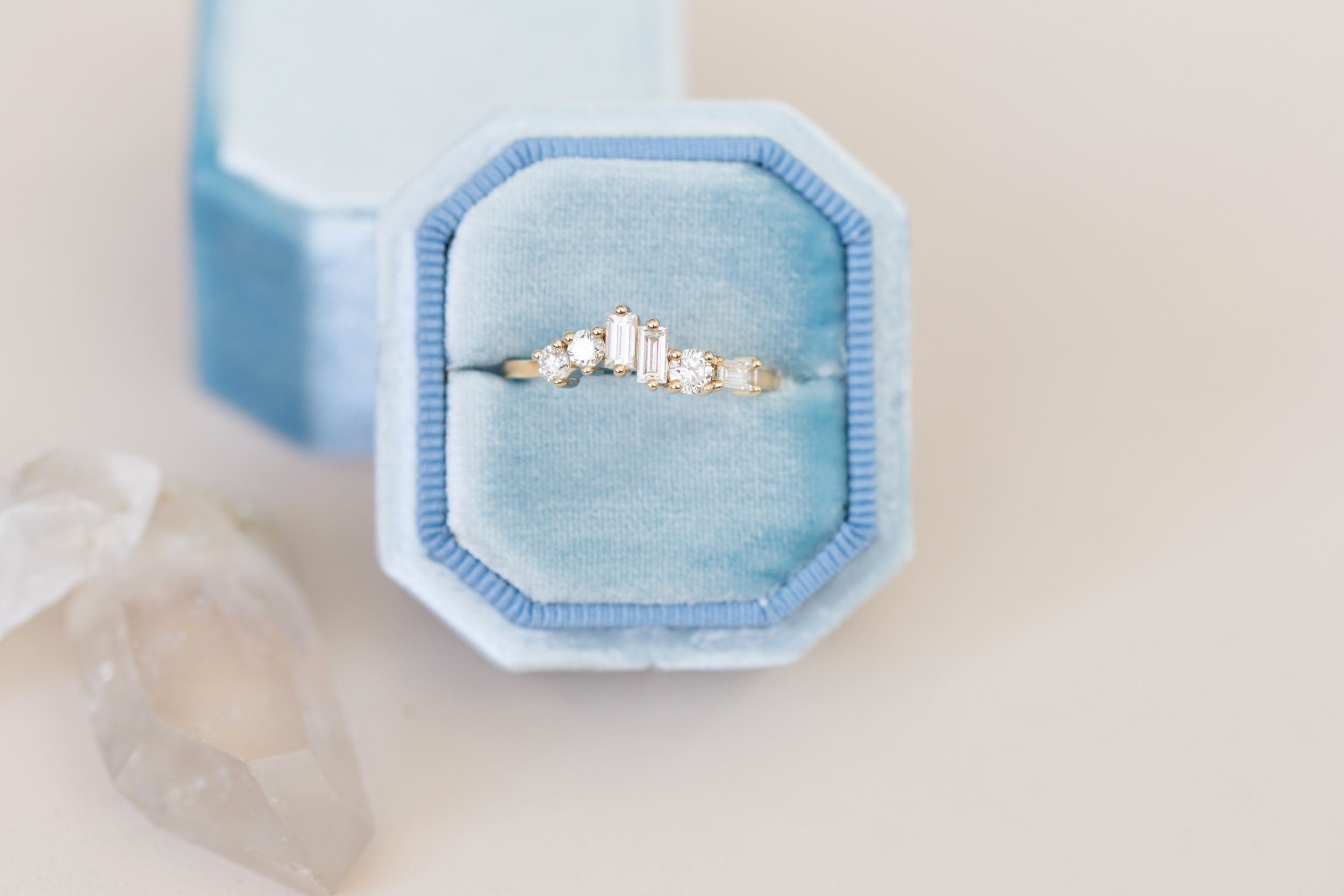 Rian Ring | Diamond Baguette and Round Wave Engagement Ring | 14k Recycled Gold