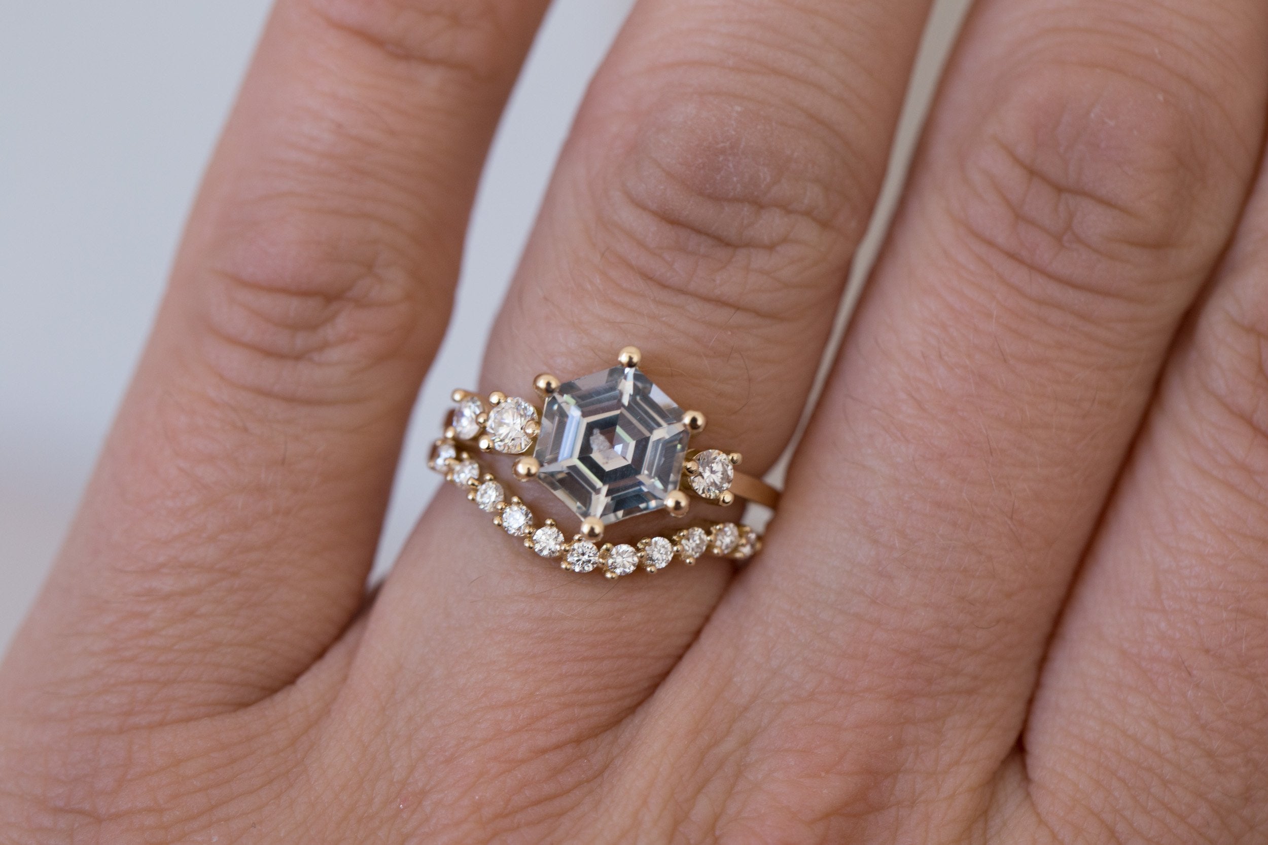 Cassia Ring | Grey Hexagon Sapphire + Diamond Asymmetrical Engagement Ring 2.96 ct | 14k Recycled Gold | One of a Kind