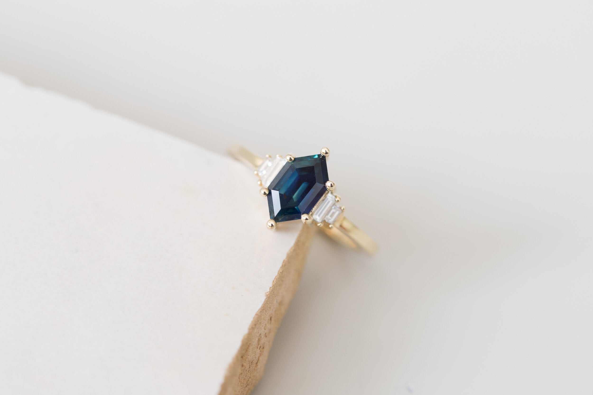 Ash Ring | Indigo Blue Hexagonal Sapphire + Diamond Baguette Engagement Ring | 14k Recycled Gold | One of a Kind