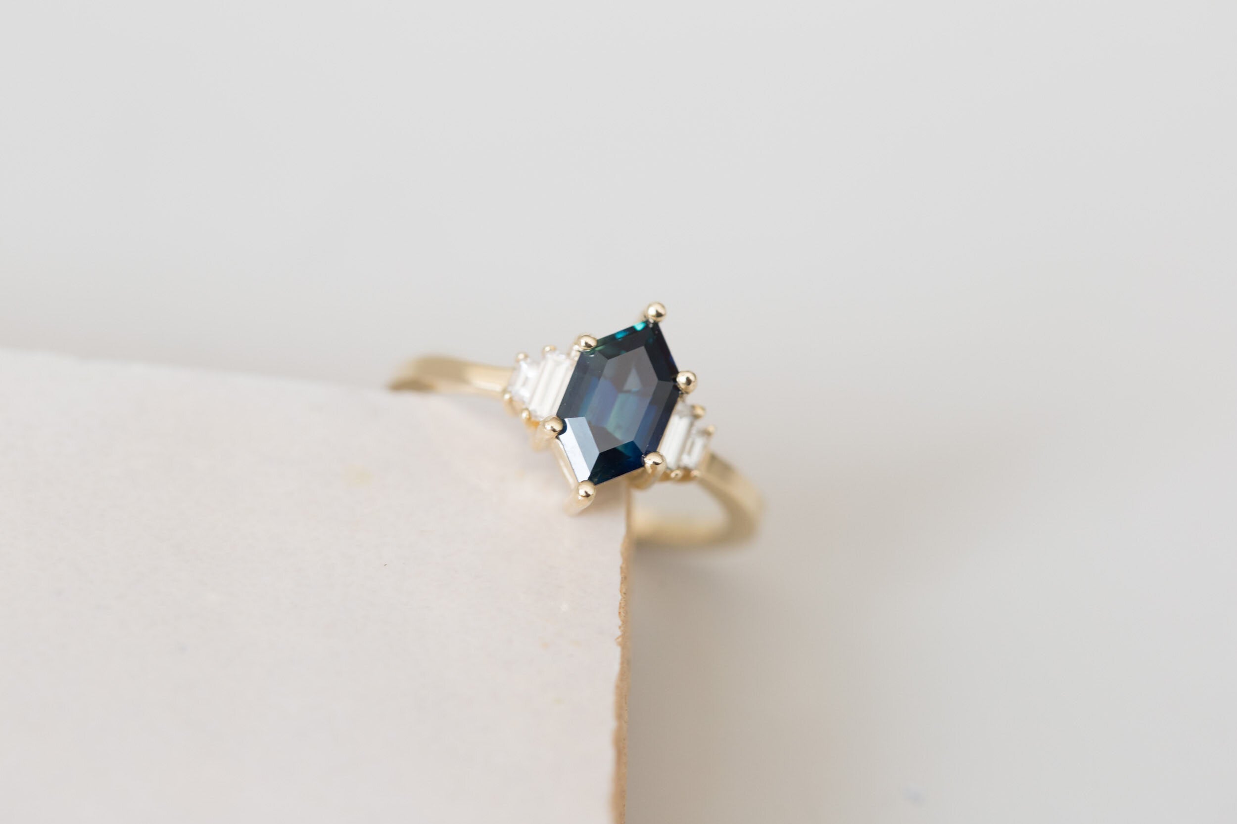 Ash Ring | Indigo Blue Hexagonal Sapphire + Diamond Baguette Engagement Ring | 14k Recycled Gold | One of a Kind