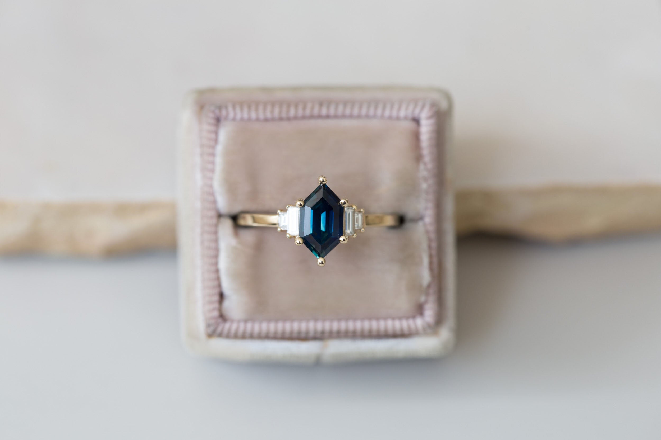 Ash Ring | Indigo Blue Hexagonal Sapphire + Diamond Baguette Engagement Ring | 14k Recycled Gold | One of a Kind