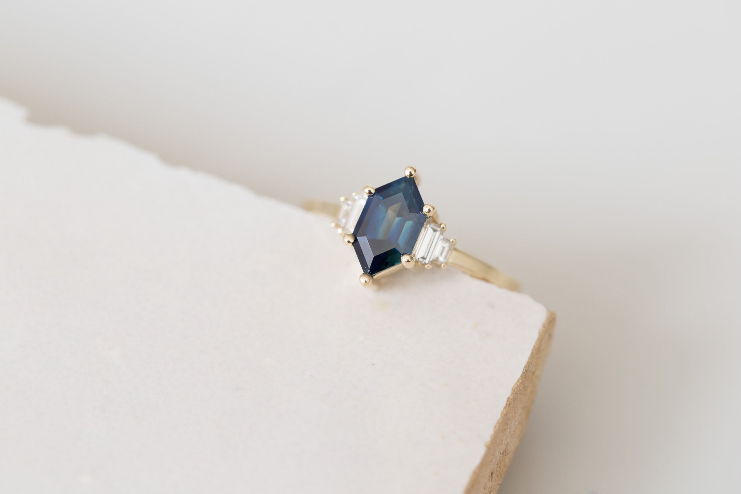 Ash Ring | Indigo Blue Hexagonal Sapphire + Diamond Baguette Engagement Ring | 14k Recycled Gold | One of a Kind