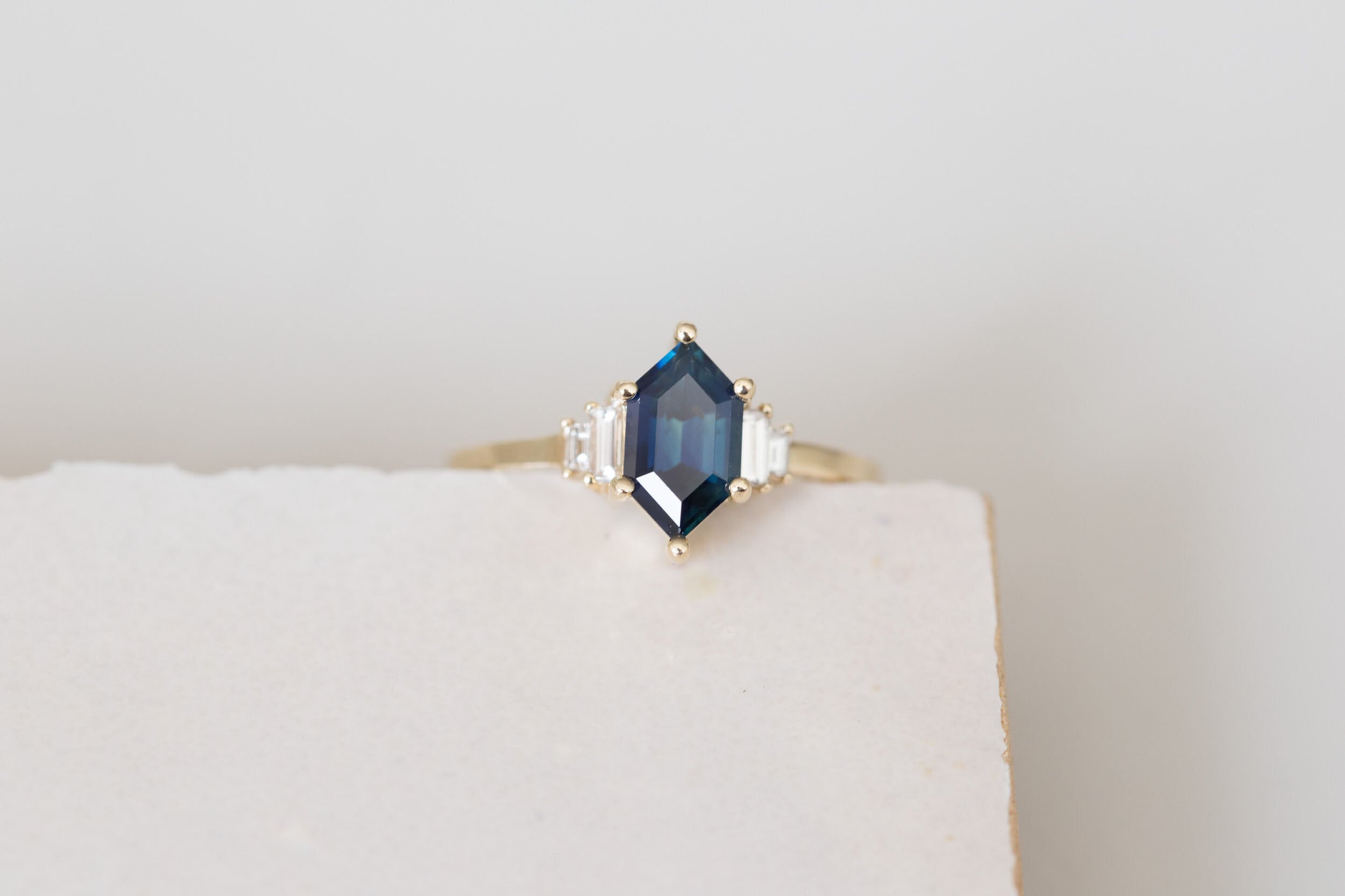 Ash Ring | Indigo Blue Hexagonal Sapphire + Diamond Baguette Engagement Ring | 14k Recycled Gold | One of a Kind
